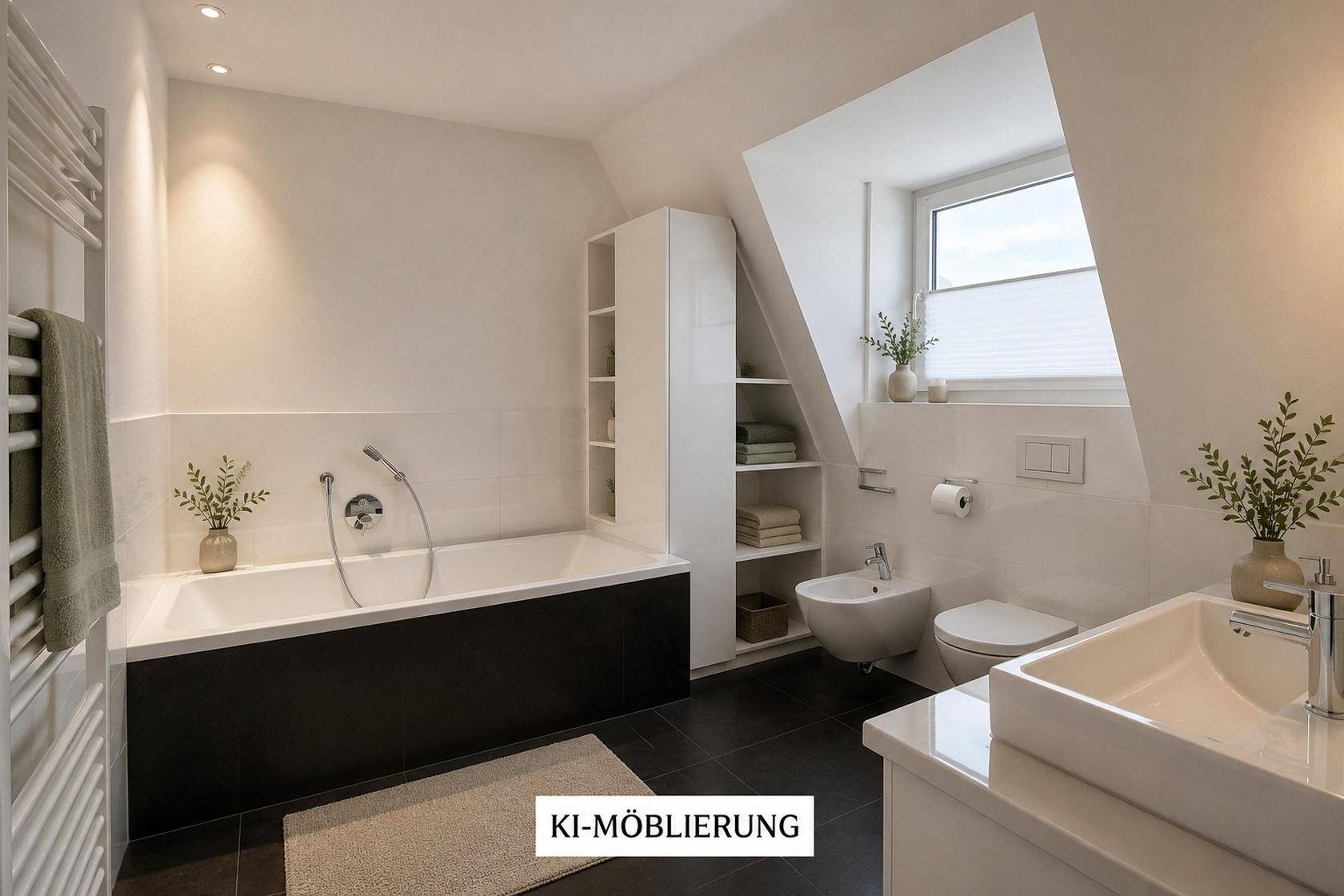Modernes Badezimmer im Dachgeschoss mit Badewanne, Bidet, WC und Fenster für Tageslicht.
