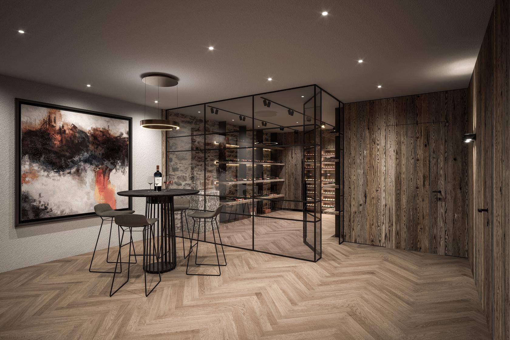 Moderner Weinkeller mit Glasfront, Holzboden und Bartisch für Verkostungen.