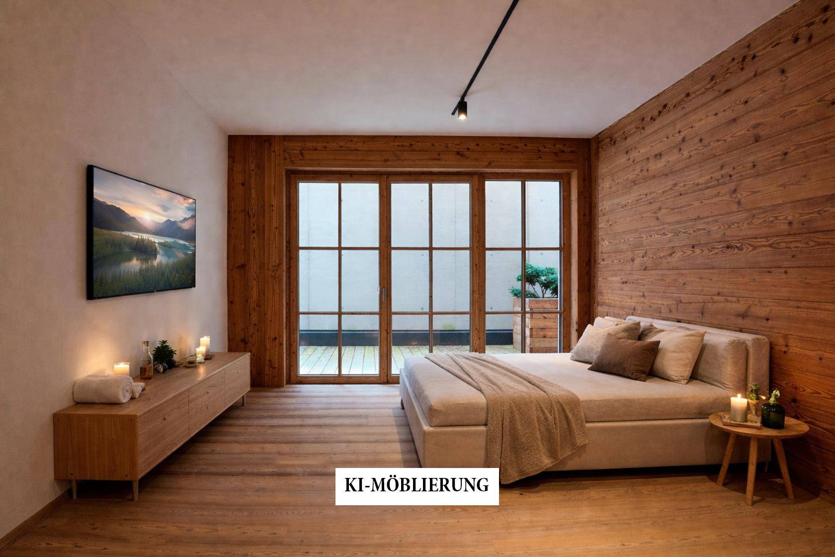 Gemütliches Schlafzimmer mit Holzwänden, Holzboden und großen Fenstern, die viel Tageslicht hereinlassen.