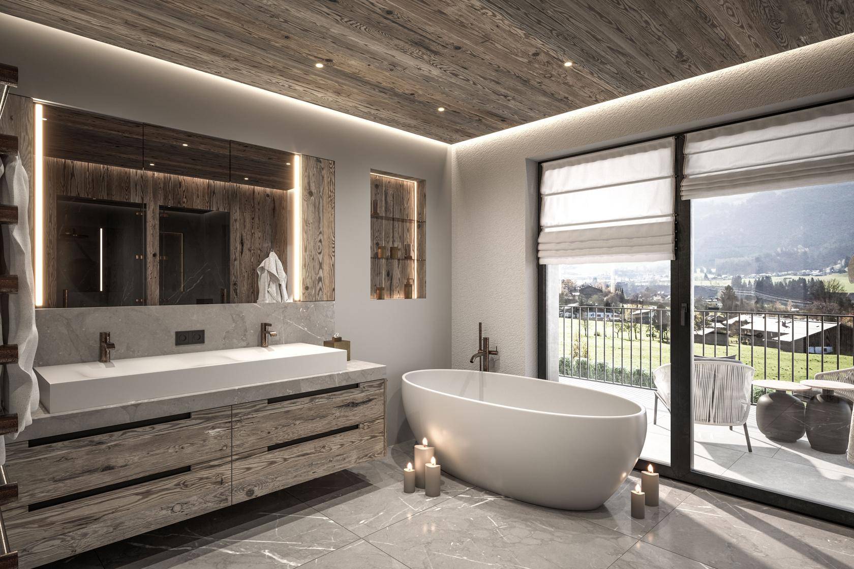 Modernes Badezimmer mit freistehender Badewanne, Doppelwaschbecken und Bergblick.