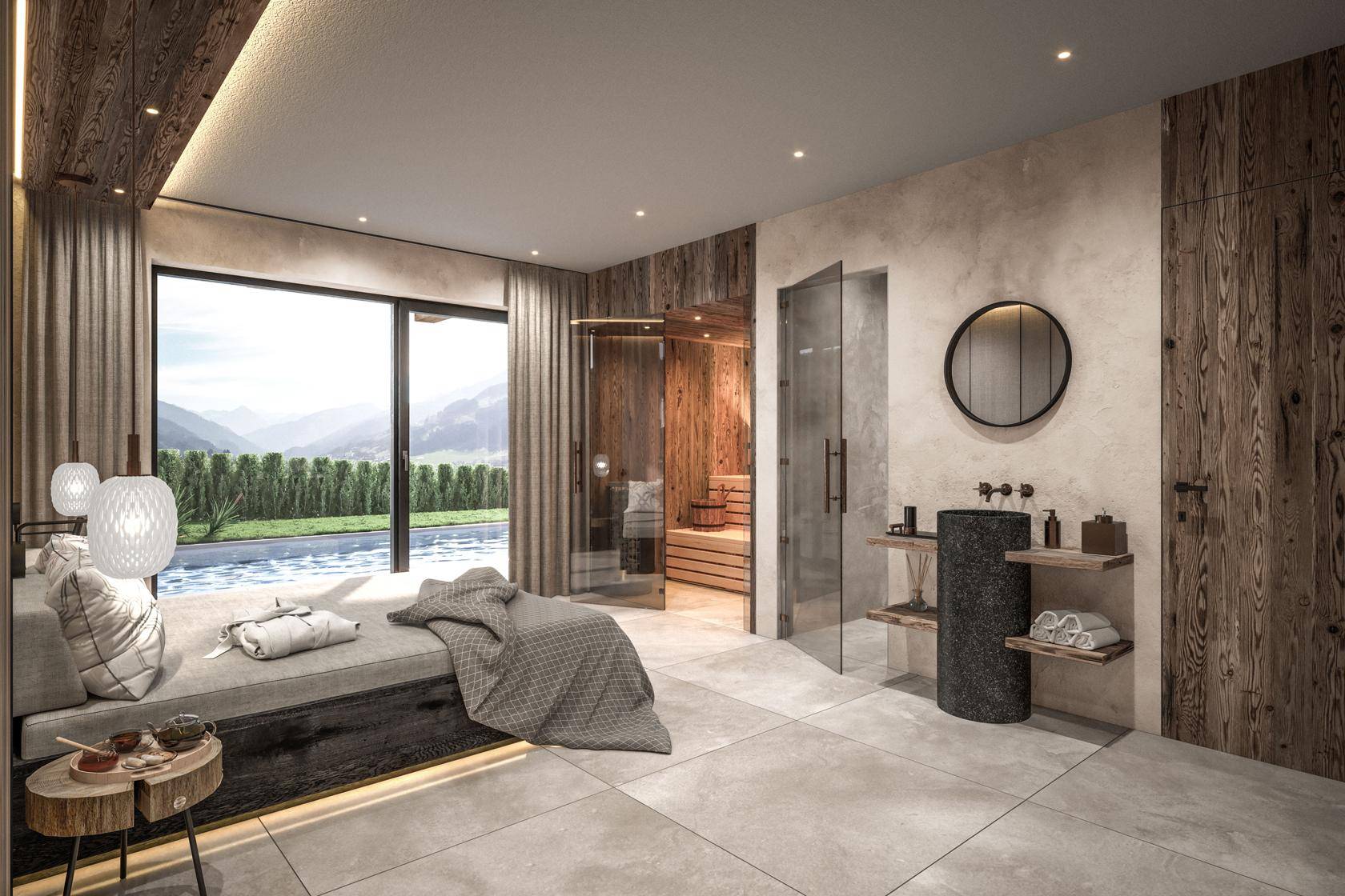 Exklusiver Wellnessbereich mit Sauna, Liegefläche und direktem Zugang zum Außenpool.