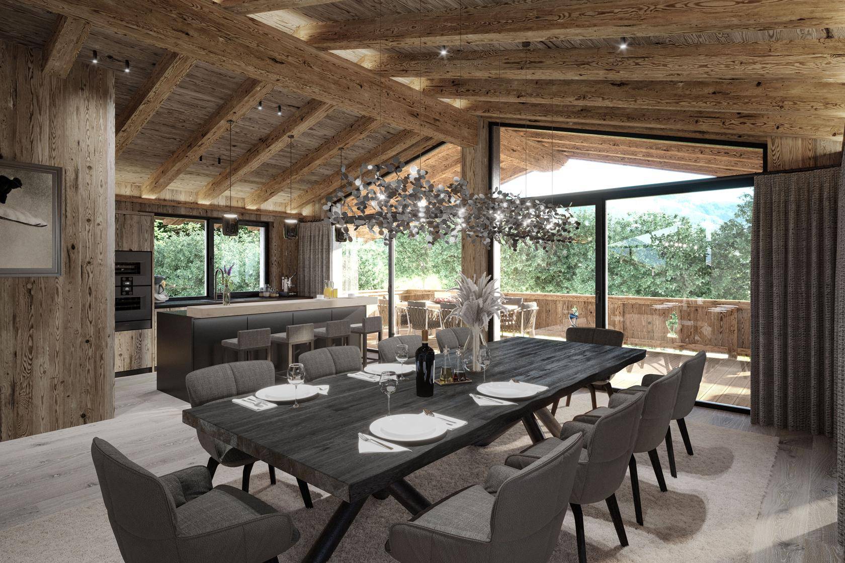 Geräumiger offener Wohn- und Essbereich im Chalet-Stil mit Holzbalken, großen Fenstern und moderner Küche.