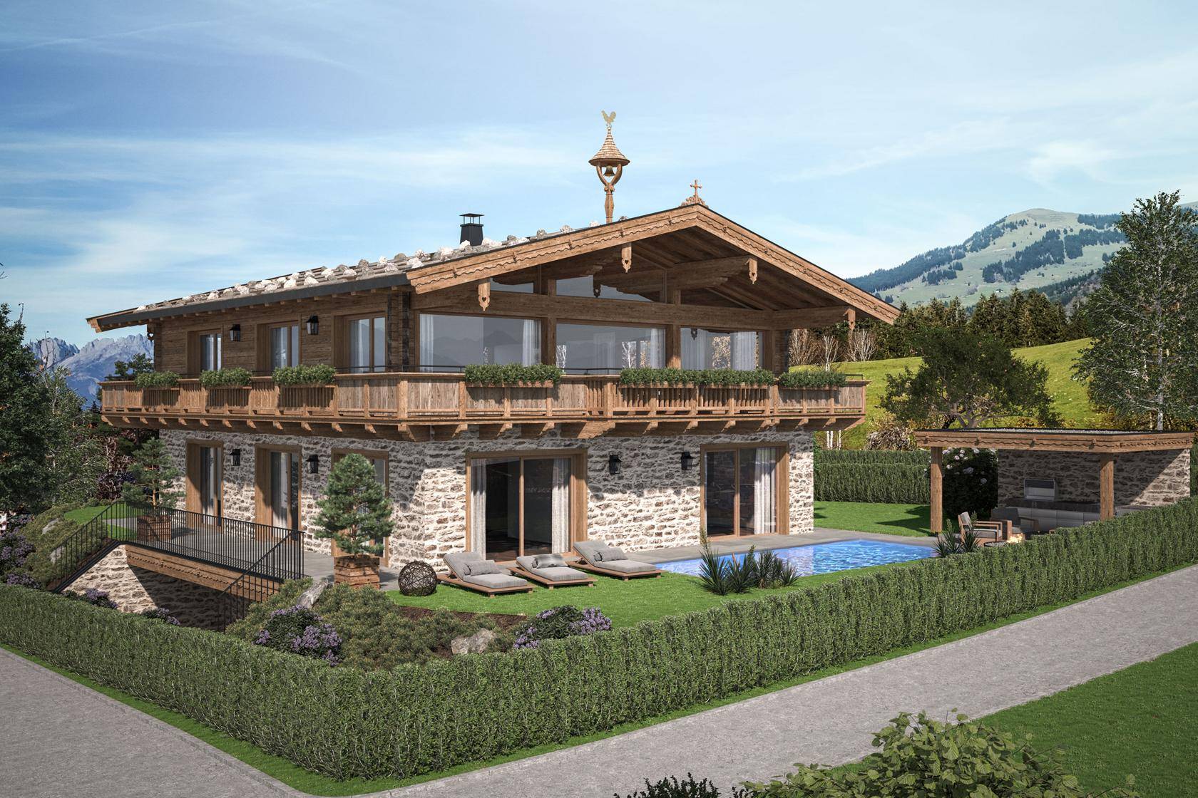 Luxuriöses Chalet mit Außenpool, Holz- und Steinfassade, umgeben von grüner Natur und Bergen.