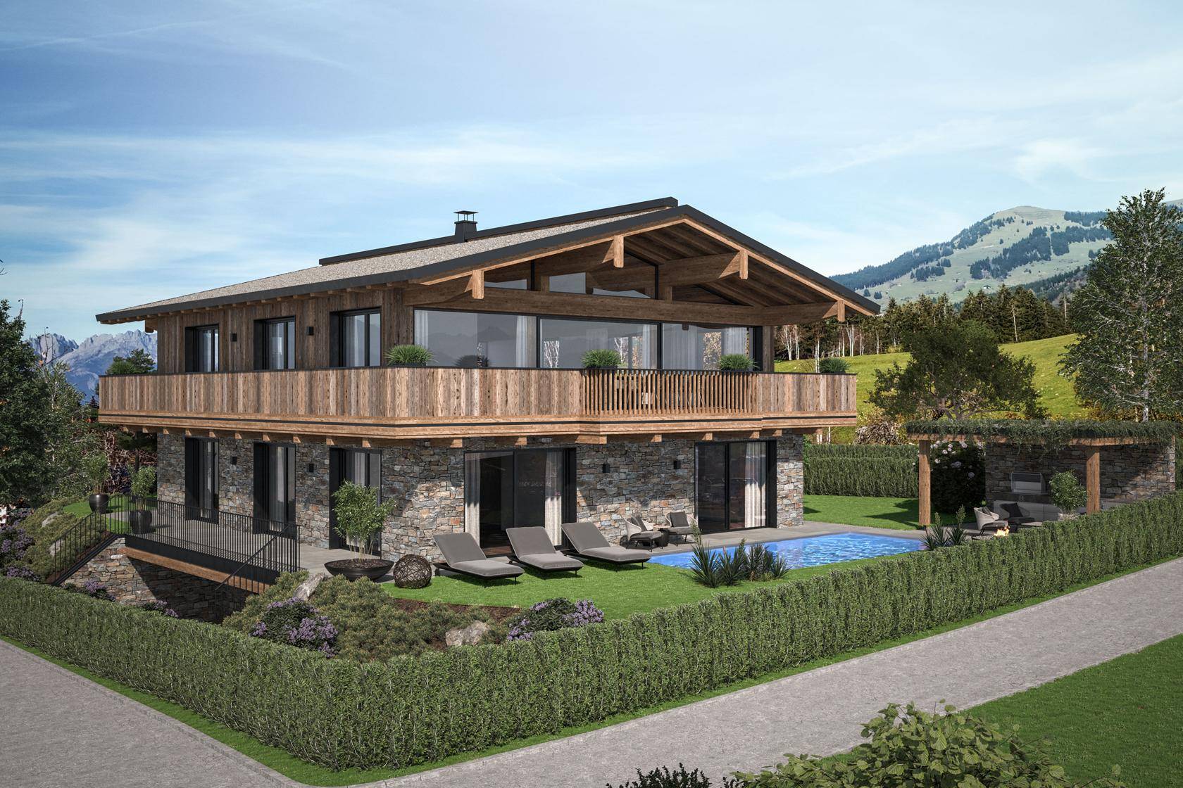 Luxuriöses Chalet mit Außenpool, Holz- und Steinfassade, umgeben von grüner Natur und Bergen.