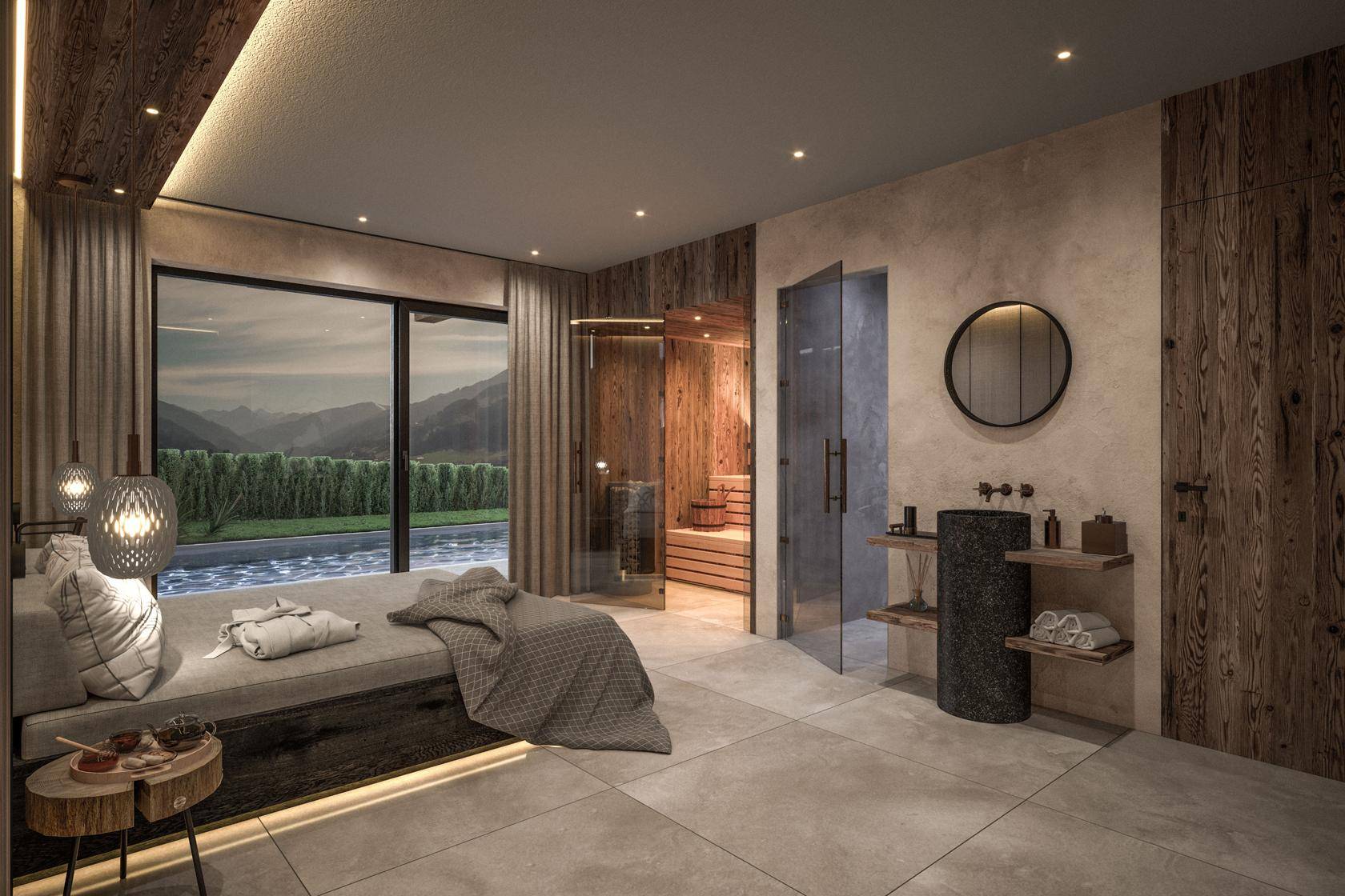 Exklusiver Wellnessbereich mit Sauna, Liegefläche und direktem Zugang zum Außenpool.