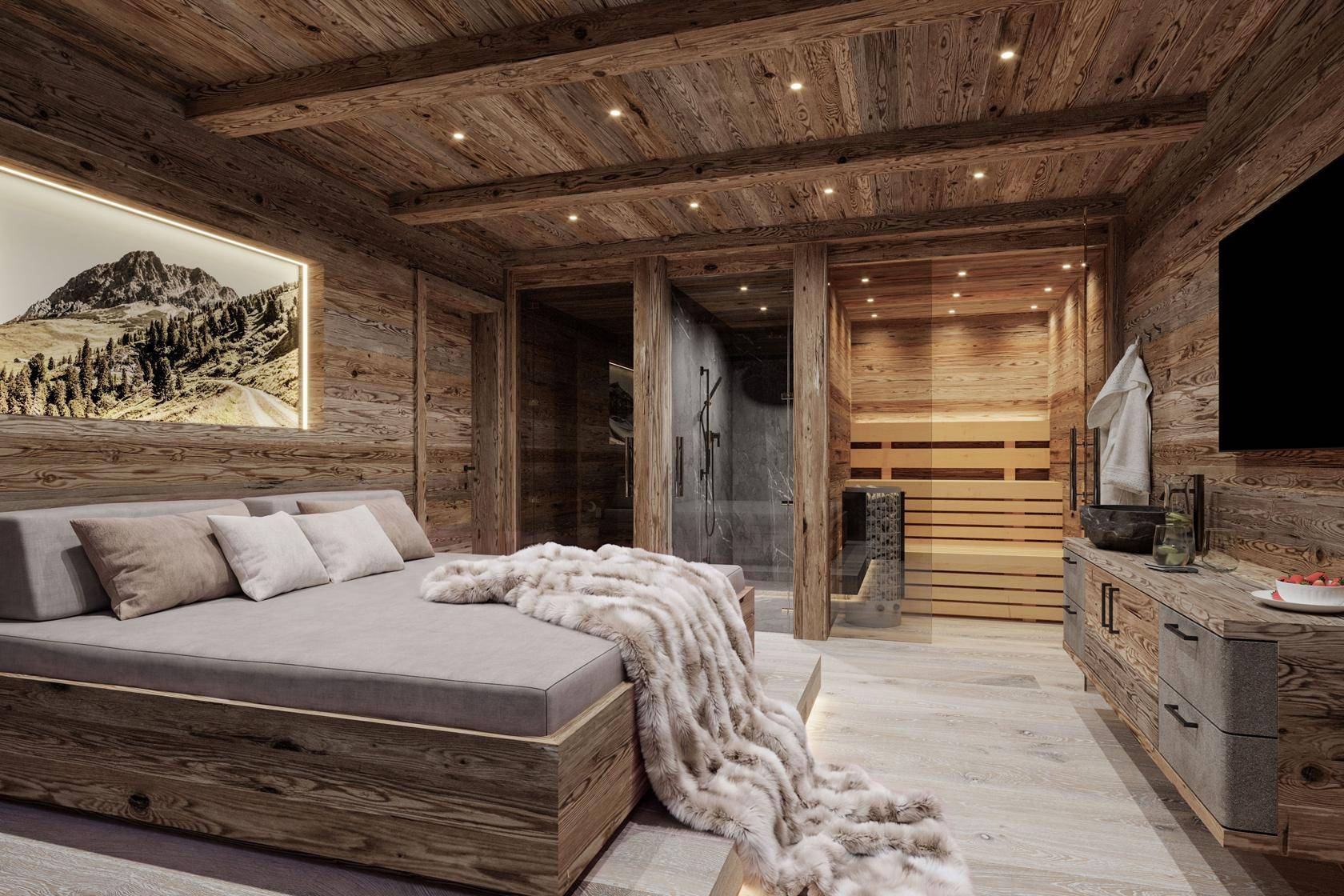 Exklusives Schlafzimmer im Chalet-Stil mit integrierter Sauna, Dusche und Holzelementen.