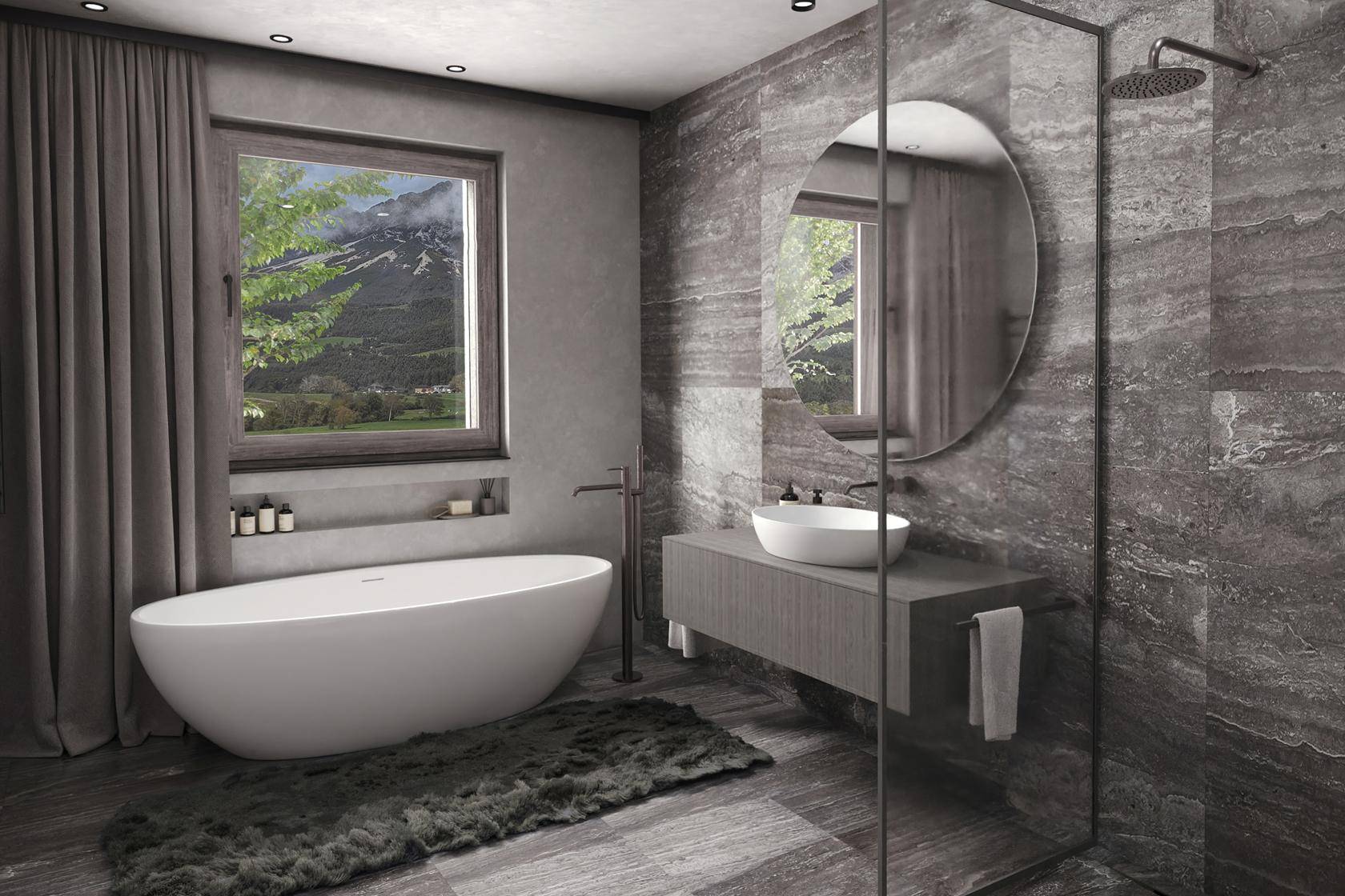 Modernes Badezimmer mit freistehender Badewanne, begehbarer Dusche und Fenster mit Bergblick.