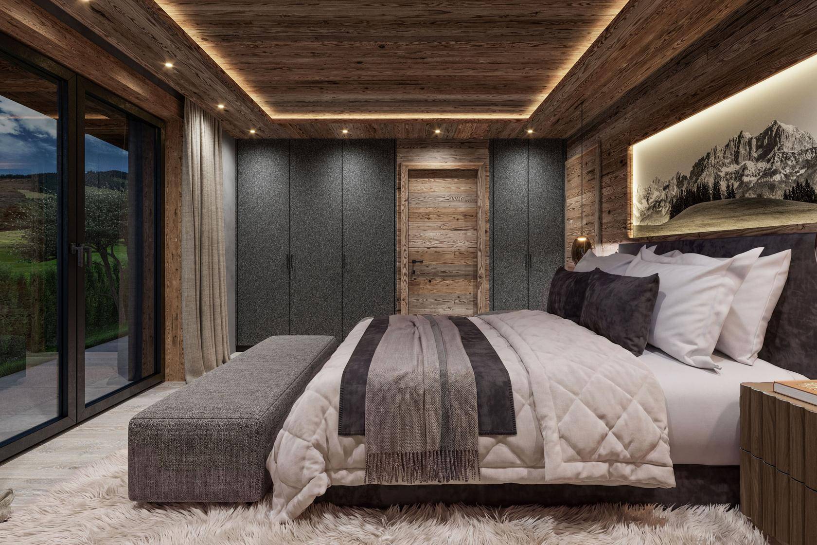 Modernes Schlafzimmer im Chalet-Stil mit Holzbalkendecke, großem Fenster und Blick ins Grüne.