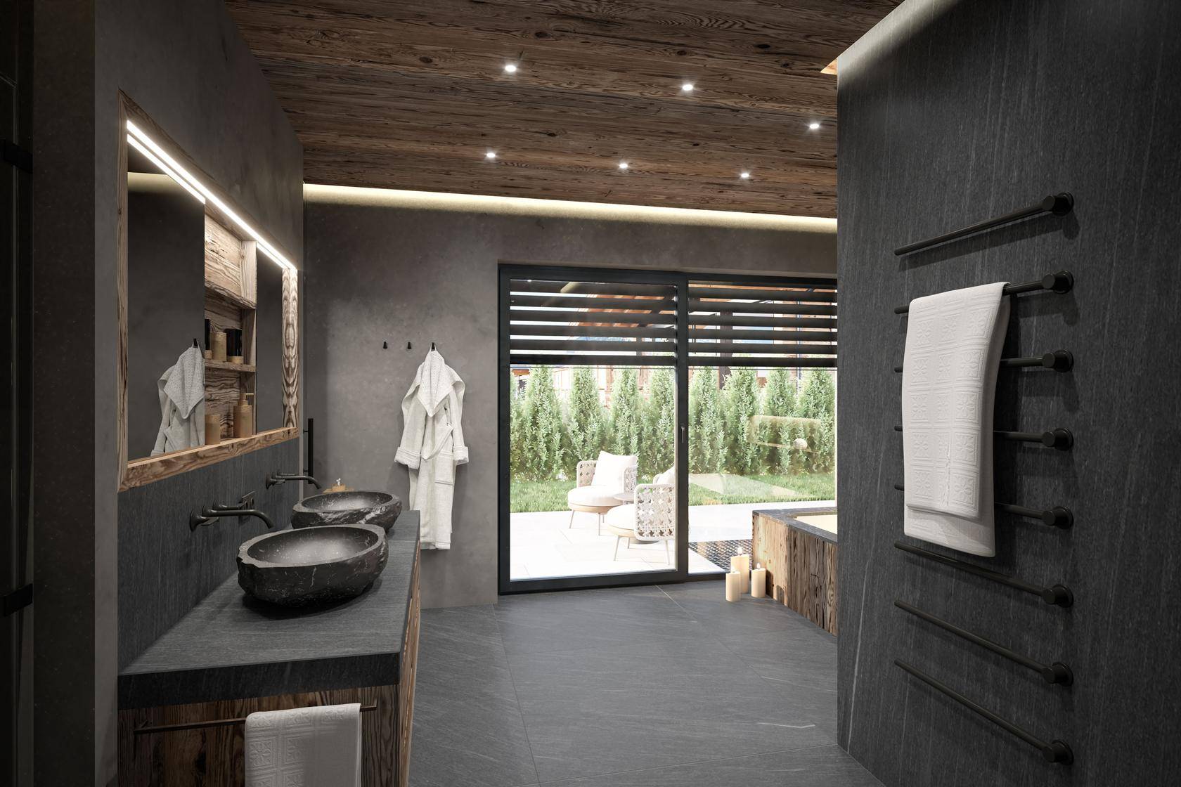 Modernes Badezimmer mit Doppelwaschbecken, dunklen Fliesen und Zugang zu einem Außenbereich.