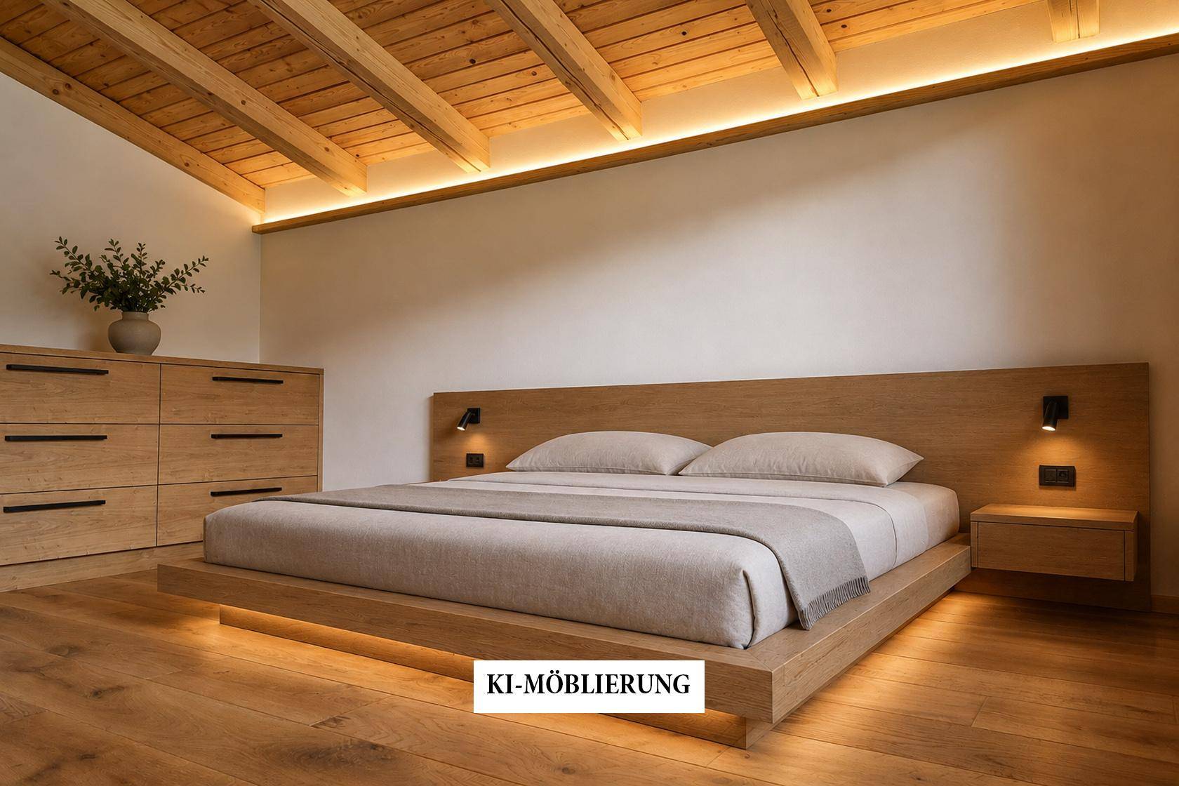 Modernes Schlafzimmer mit Holzbalkendecke, indirekter Beleuchtung und Holzboden.