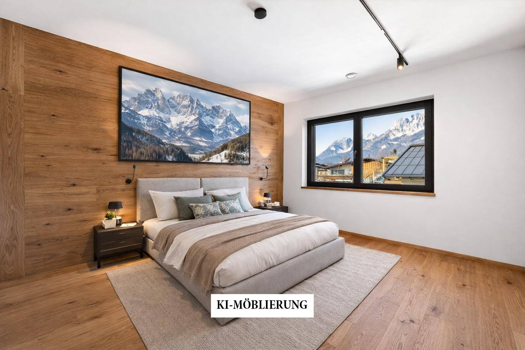 Modernes Schlafzimmer mit Holzwandverkleidung, großem Bett und direktem Bergblick durch das Fenster.