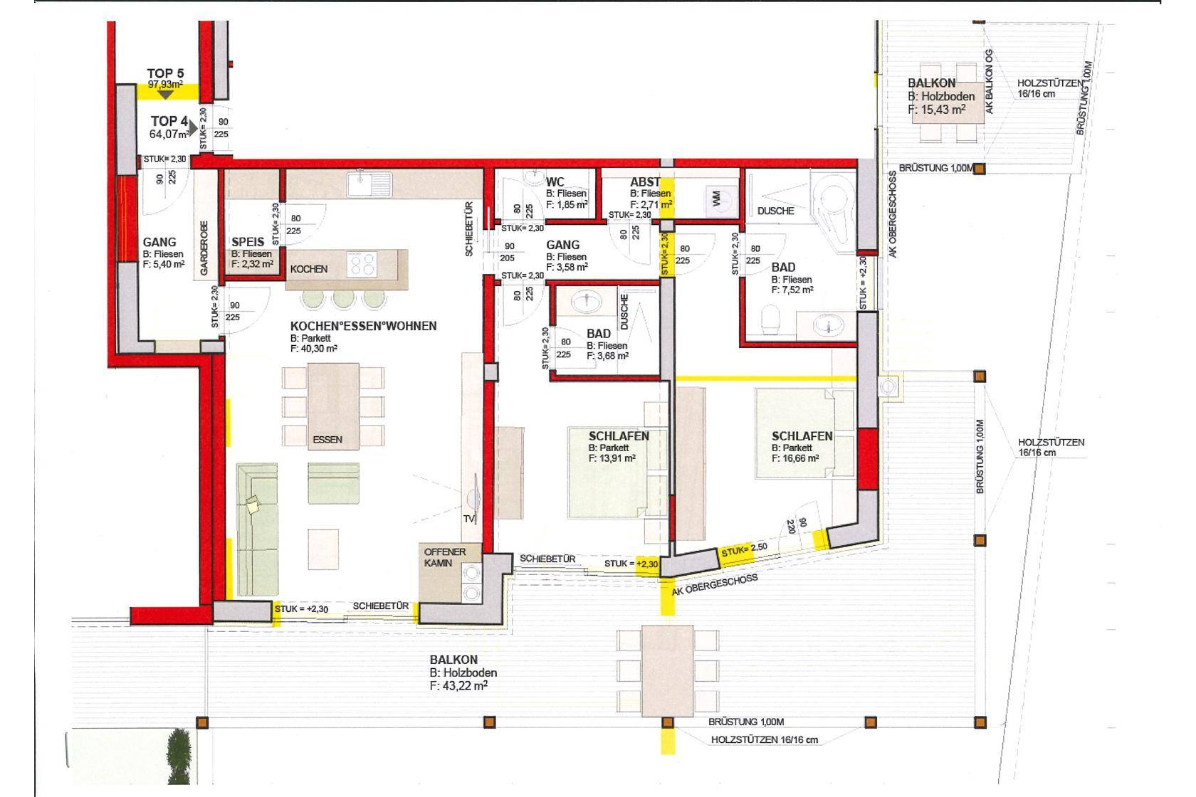 Grundriss der Wohnung mit offenem Wohn-Essbereich, zwei Schlafzimmern und Balkonen.