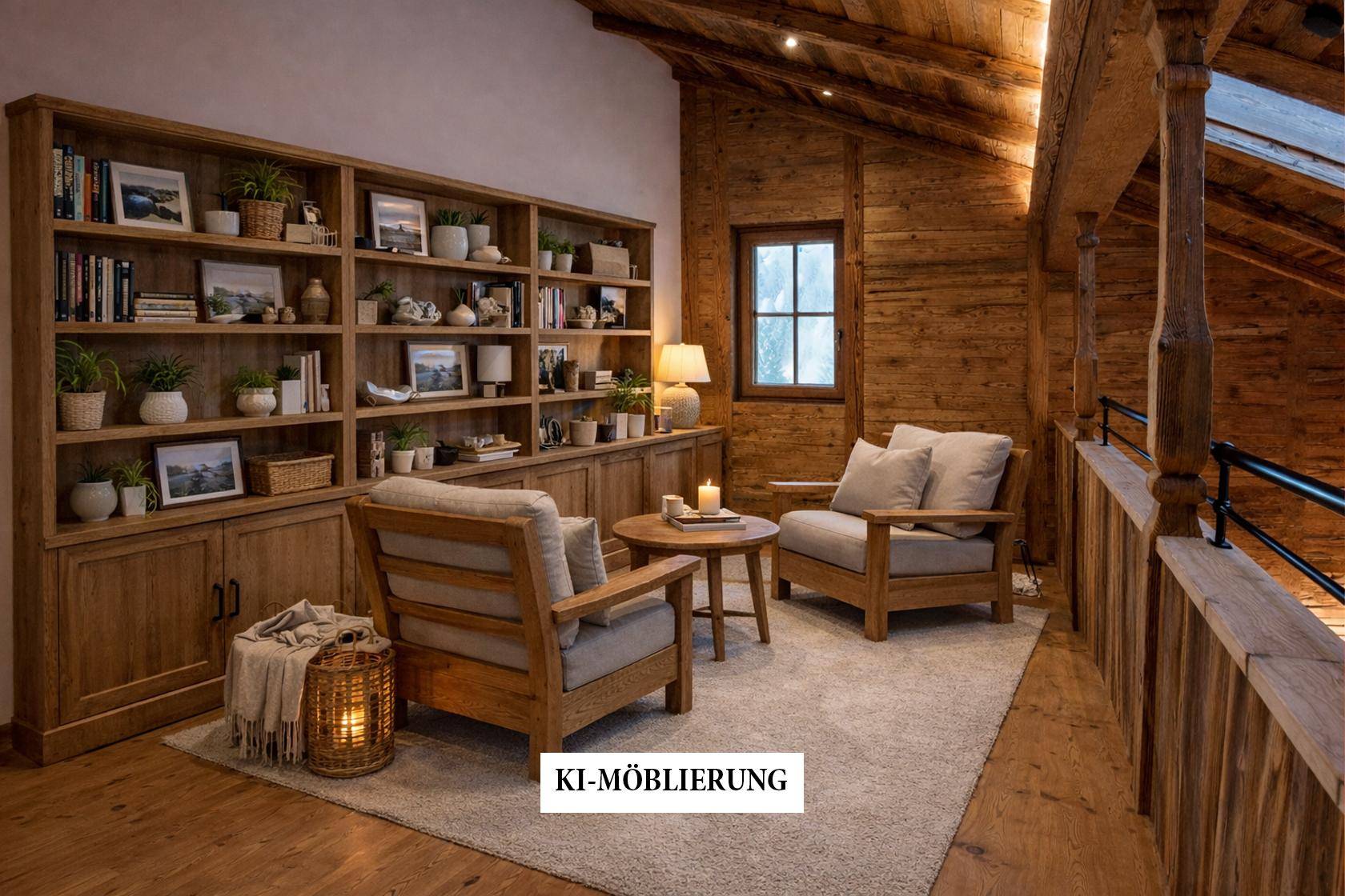 Heller Wohnbereich im alpinen Stil mit Holzbalken, großer Bücherwand und gemütlichen Sesseln.