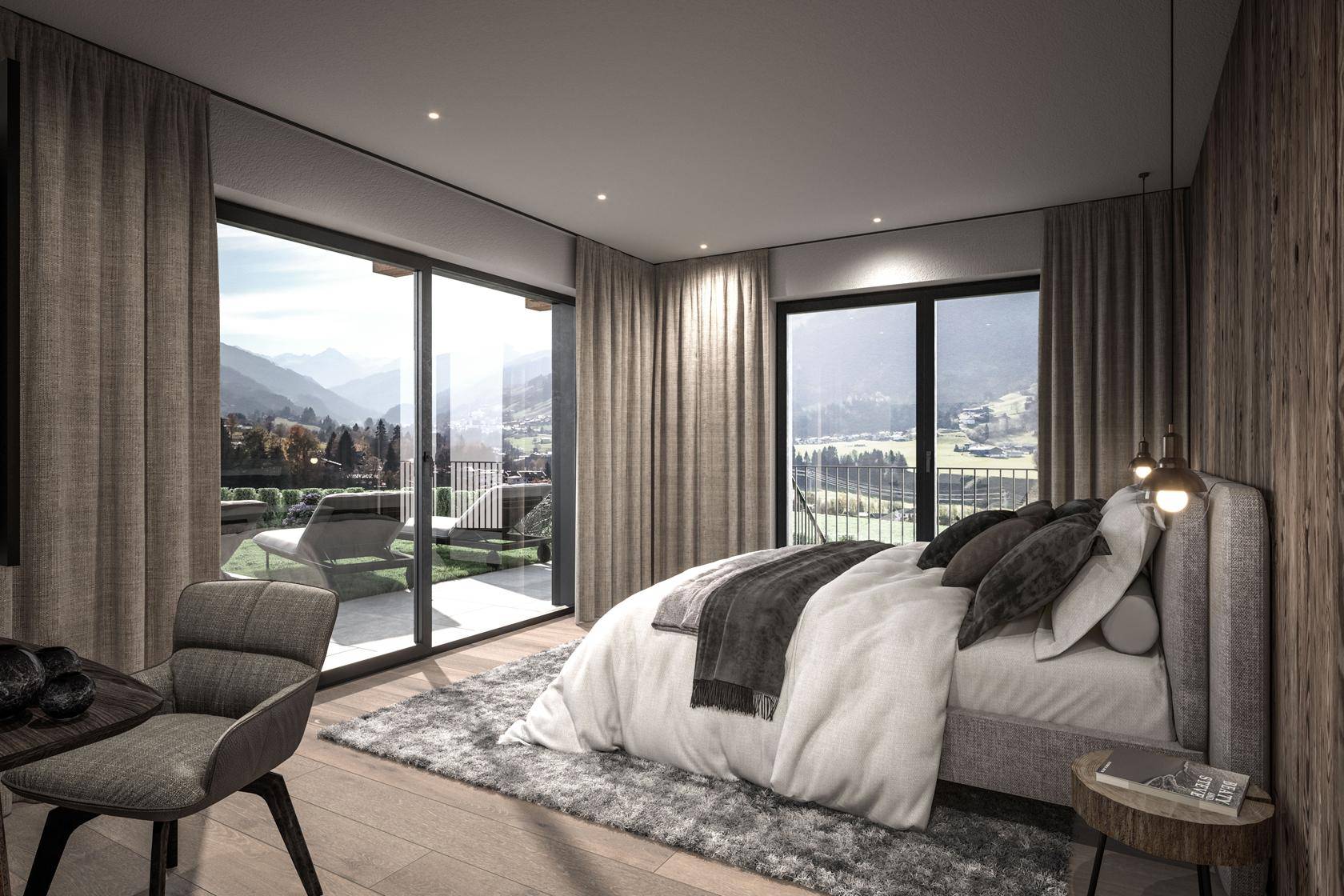 Helles Schlafzimmer mit Holzboden, großen Fenstern und Zugang zu einem Balkon mit Bergblick.