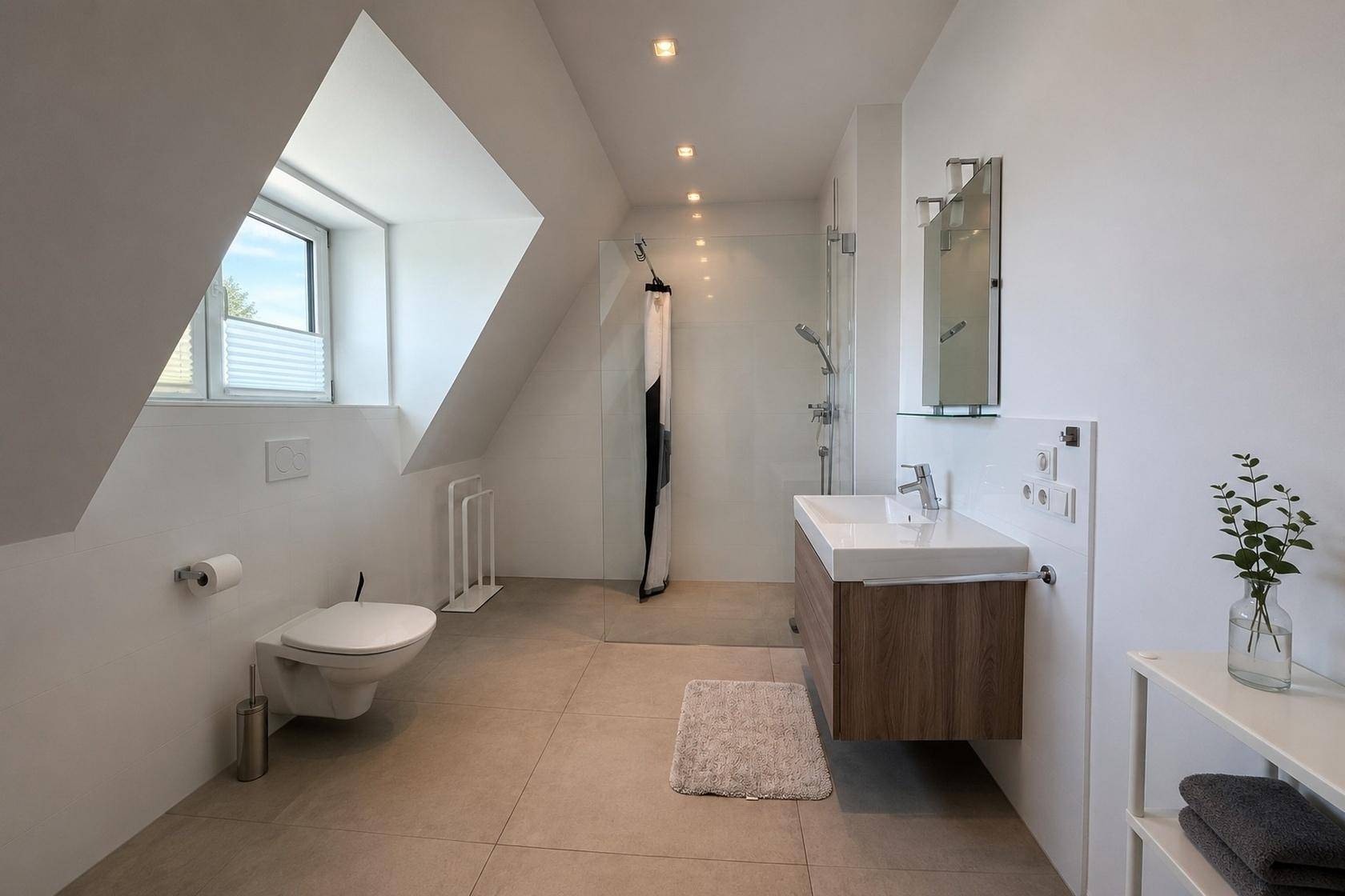 Modernes Badezimmer im Dachgeschoss mit begehbarer Dusche, WC und Fenster für natürliche Belichtung.