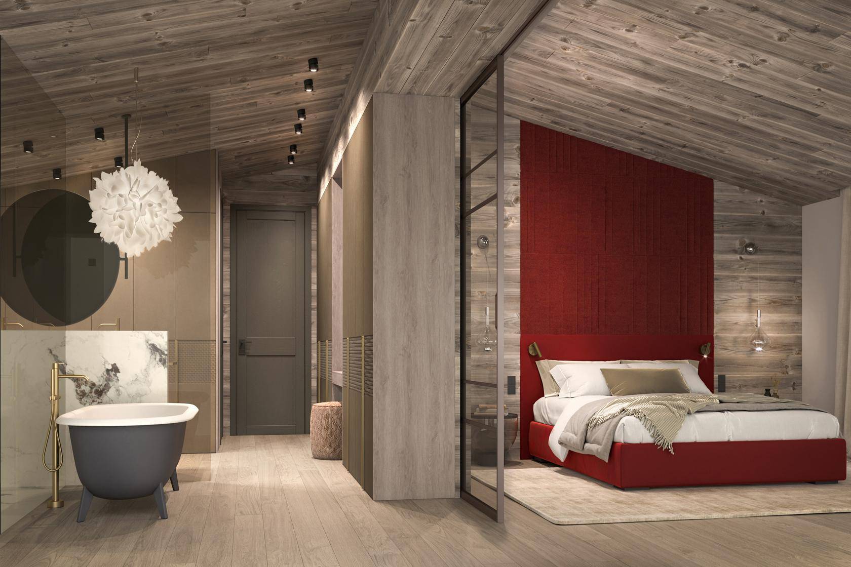Luxuriöses Schlafzimmer mit freistehender Badewanne, Holzbalkendecke und roter Akzentwand.
