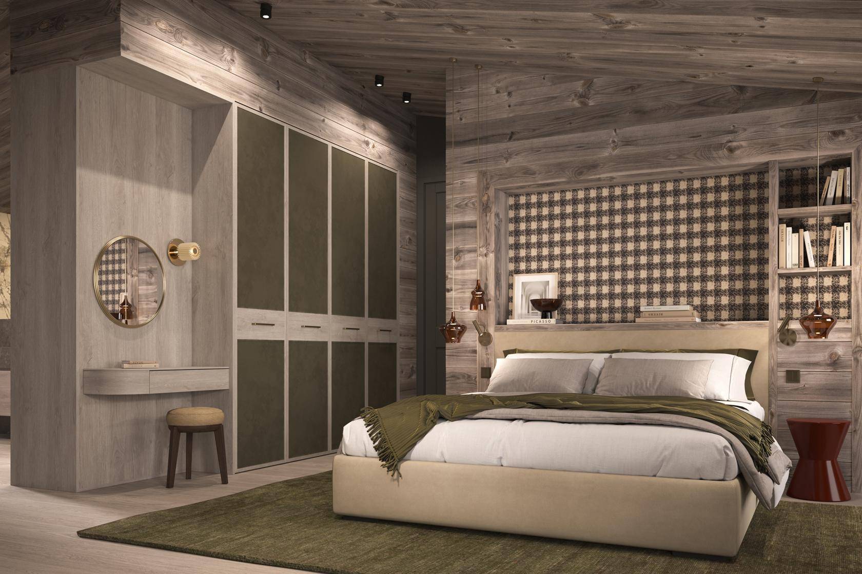 Gemütliches Schlafzimmer im alpinen Stil mit Holzwänden, Einbauschränken und weichem Teppich.