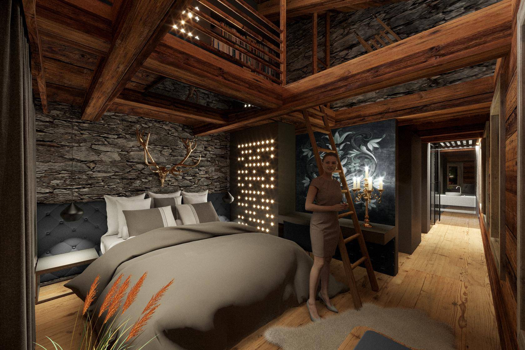 Gemütliches Schlafzimmer im alpinen Stil mit Holzbalken, Steinwand und Hirschgeweih-Dekoration.
