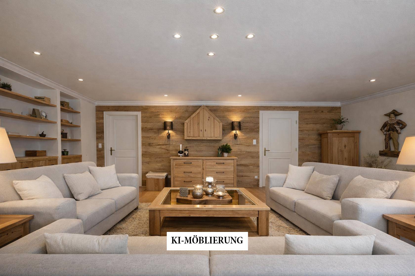 Gemütliches Wohnzimmer mit bequemen Sofas, Holzelementen und indirekter Beleuchtung.