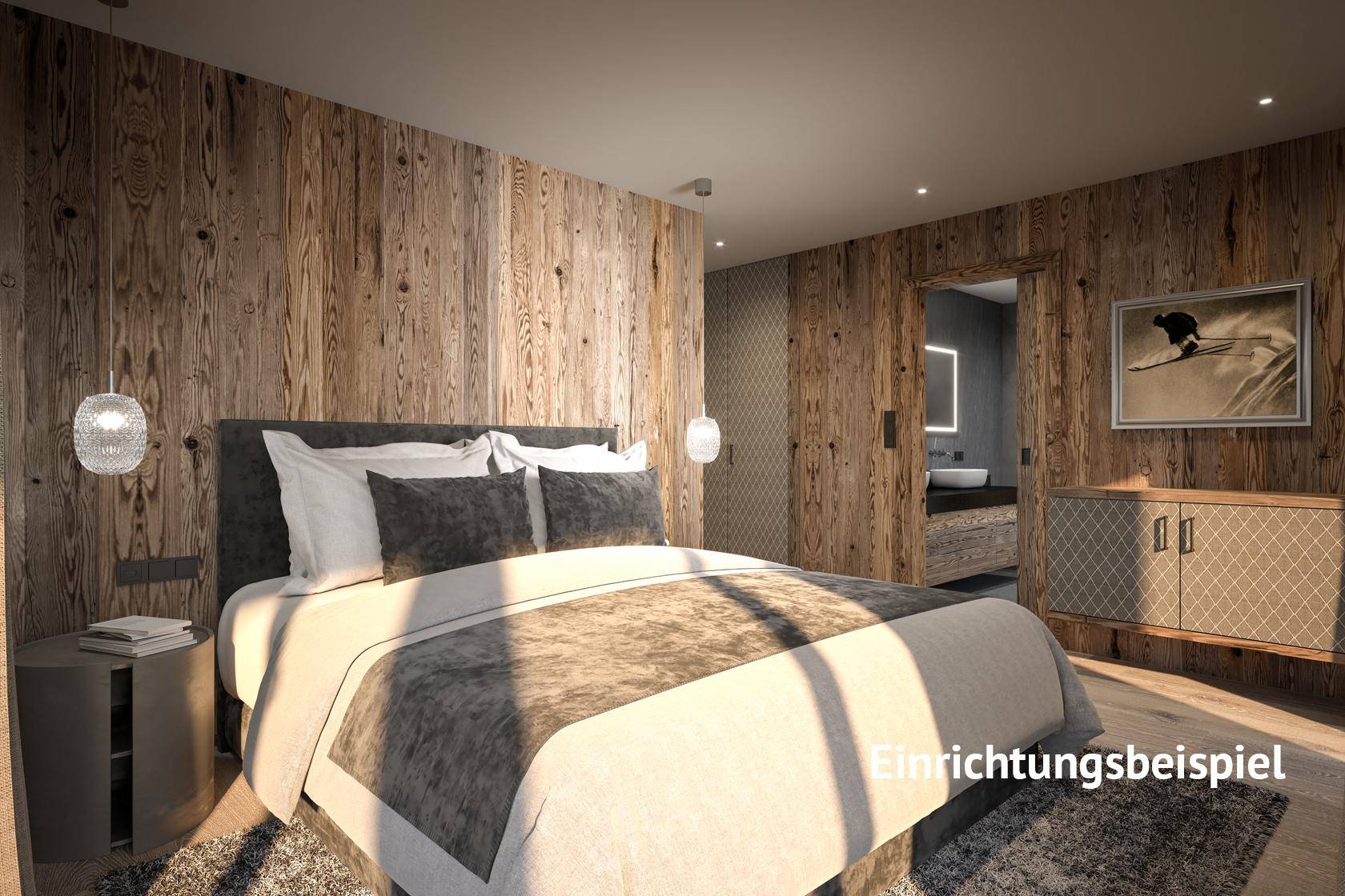 Gemütliches Schlafzimmer im alpinen Stil mit Holzwänden und Zugang zu einem modernen Bad.