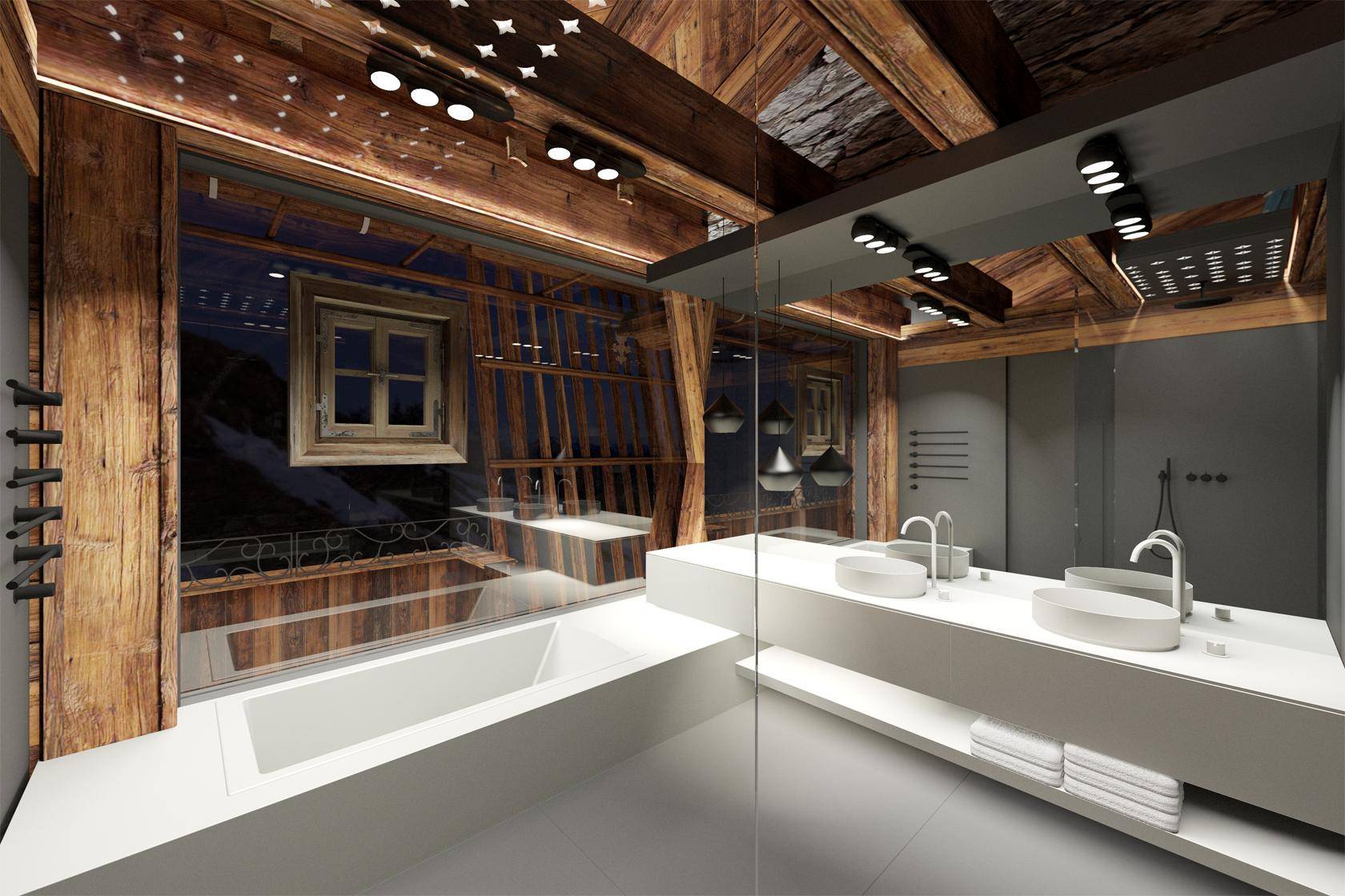 Modernes Badezimmer mit Doppelwaschbecken, Badewanne und Holzelementen im alpinen Stil.