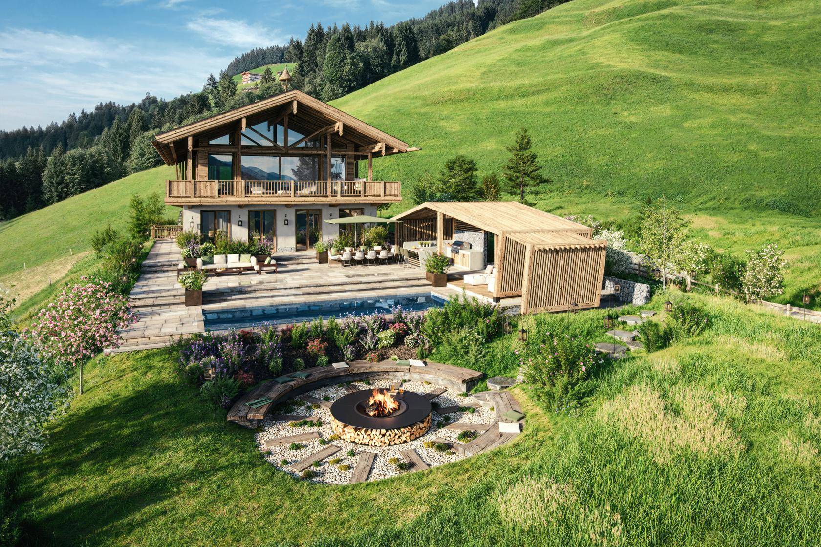 Idyllisches Chalet mit Infinity-Pool, großer Terrasse und gemütlicher Feuerstelle im Garten.