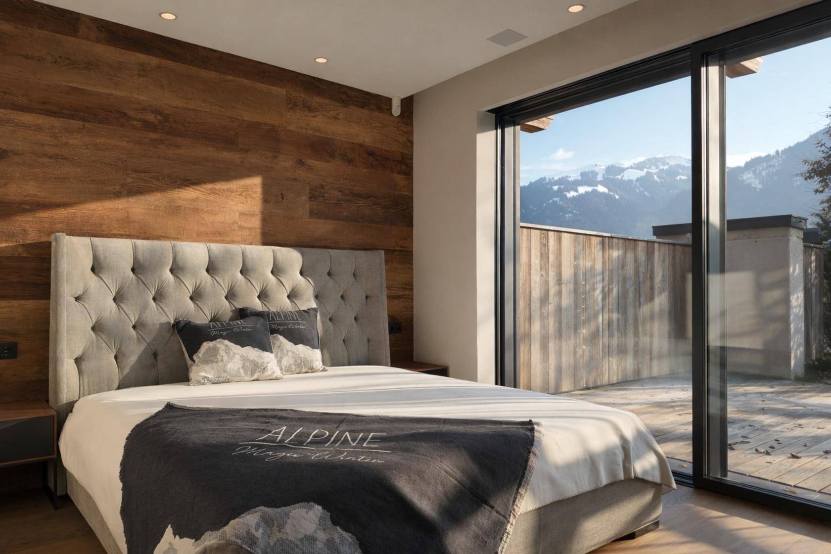Gemütliches Schlafzimmer mit Holzwand, großem Bett und Zugang zu einer Terrasse mit Bergblick.