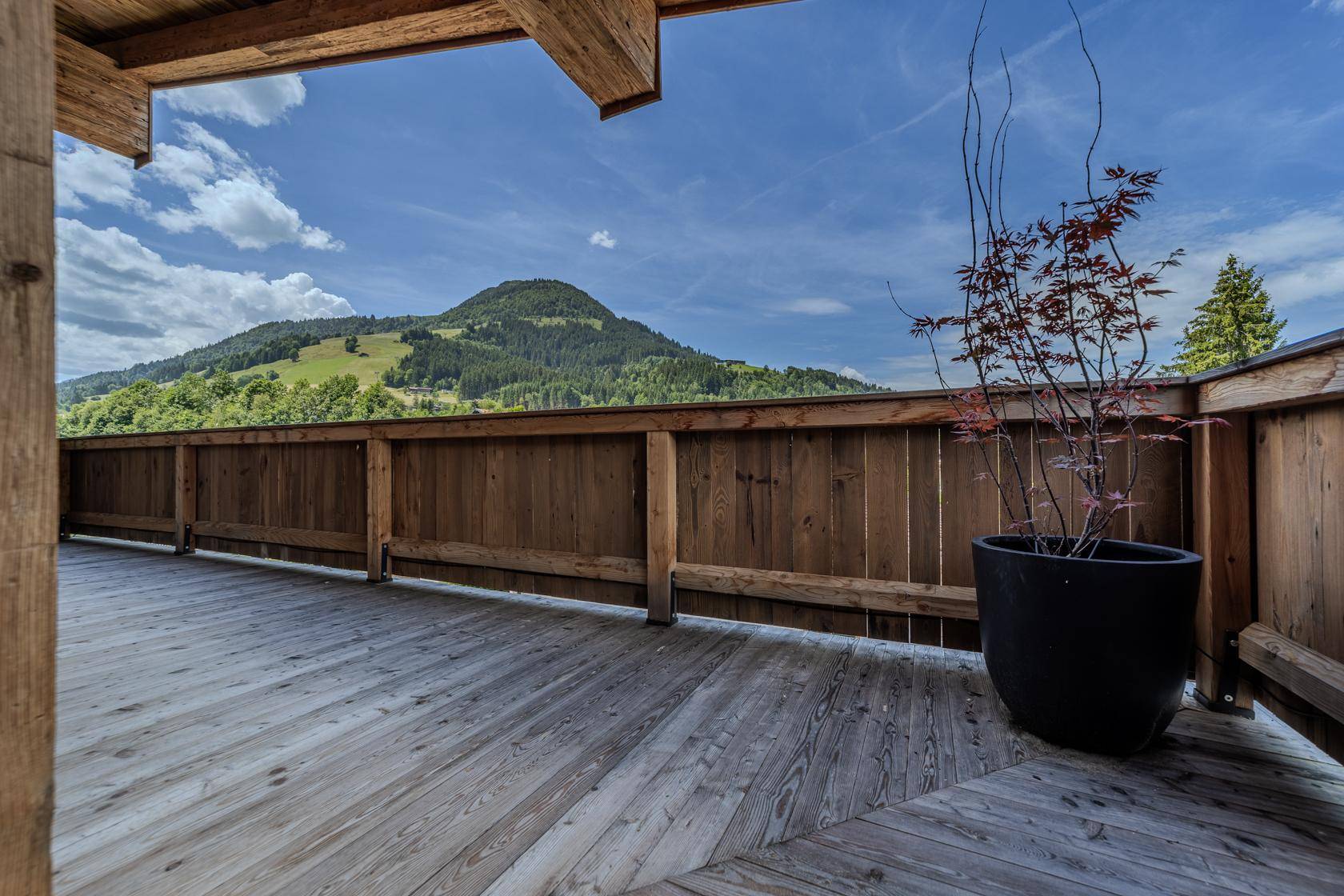 Weitläufige Holzterrasse mit Blick auf die grüne Berglandschaft und dekorativer Pflanze.