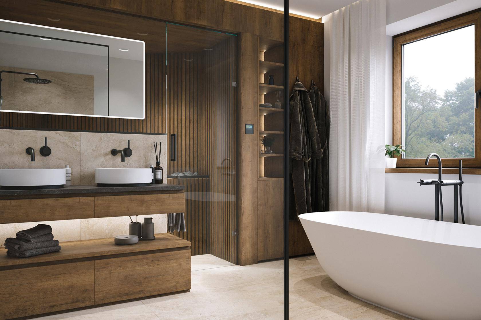 Luxuriöses Badezimmer mit freistehender Badewanne, Doppelwaschbecken und begehbarer Dusche.