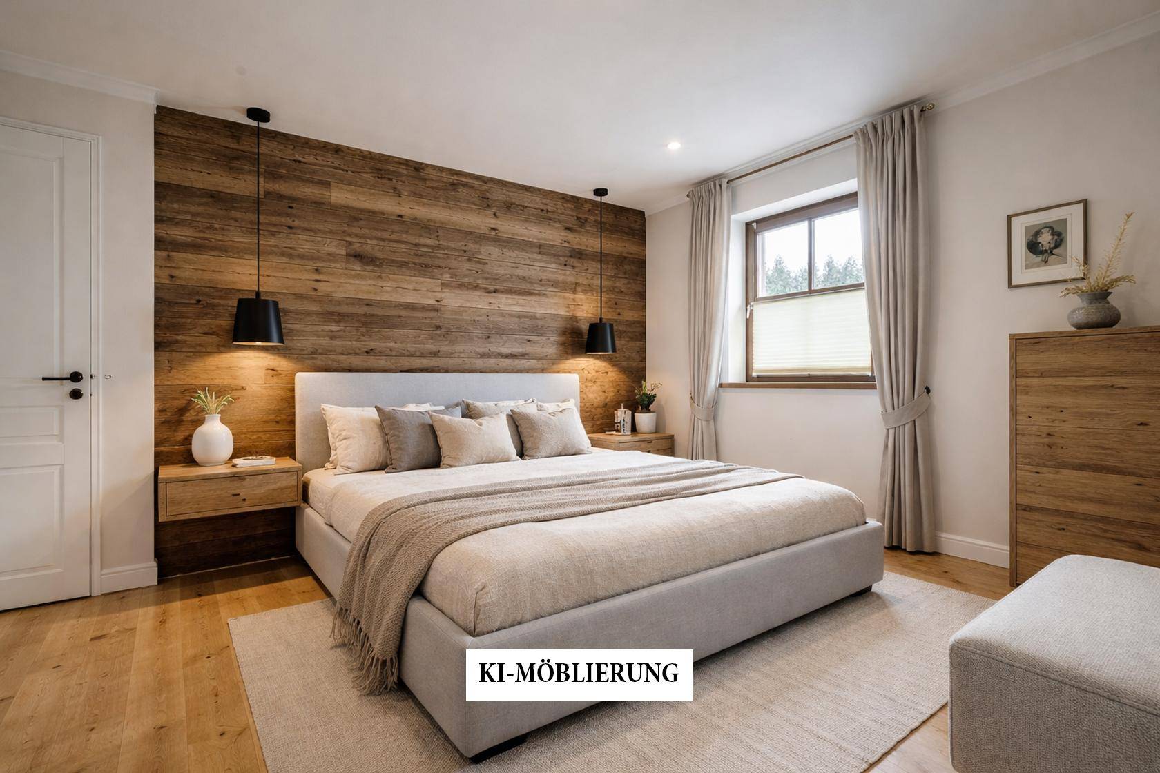 Gemütliches Schlafzimmer mit Holzakzentwand, großem Bett und indirekter Beleuchtung.