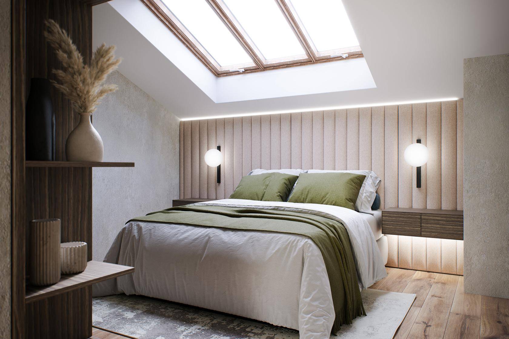 Helles Schlafzimmer mit gemütlichem Bett, Holzelementen und großem Dachfenster für viel Tageslicht.