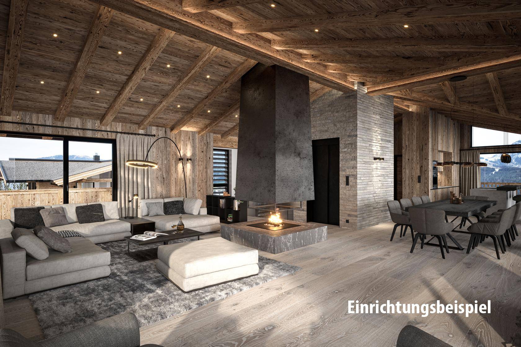 Geräumiger Wohn-Essbereich mit Kamin, Holzbalkendecke und großen Fenstern mit Bergblick.