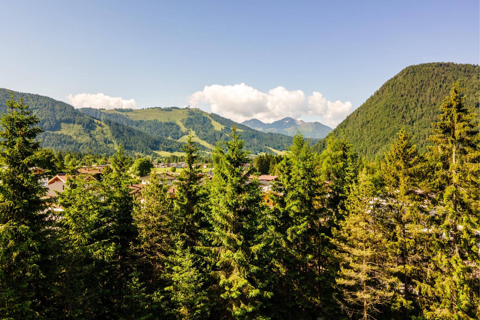 Weitblick über ein idyllisches Tal mit einem Dorf, umgeben von grünen Wäldern und Bergen.