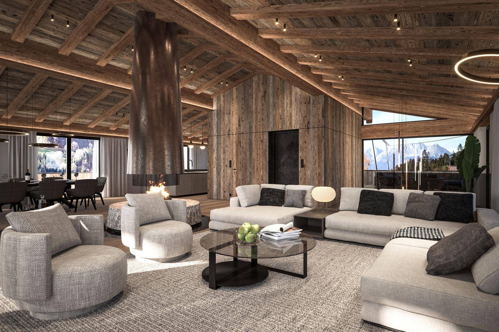 Geräumiges Wohnzimmer im alpinen Stil mit Holzbalkendecke, modernem Kamin und Bergblick.