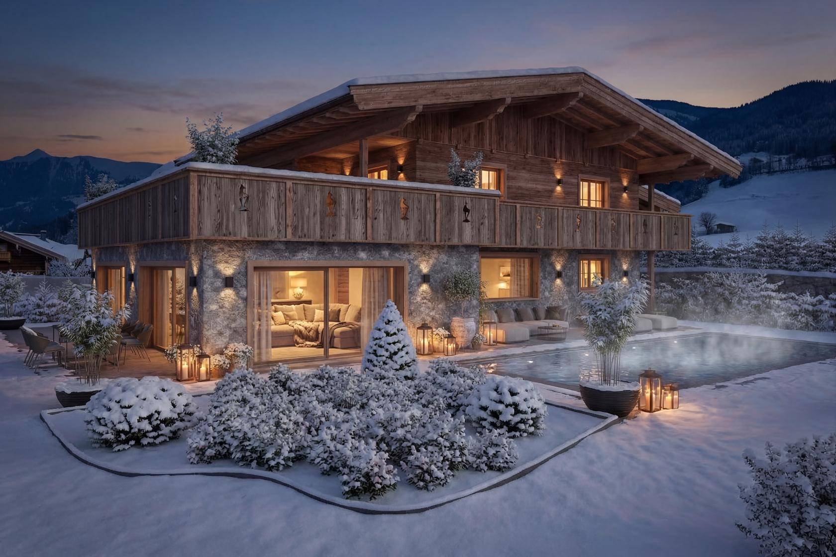 Luxuriöses Chalet in verschneiter Berglandschaft bei Dämmerung mit beleuchtetem Pool und gemütlicher Atmosphäre.