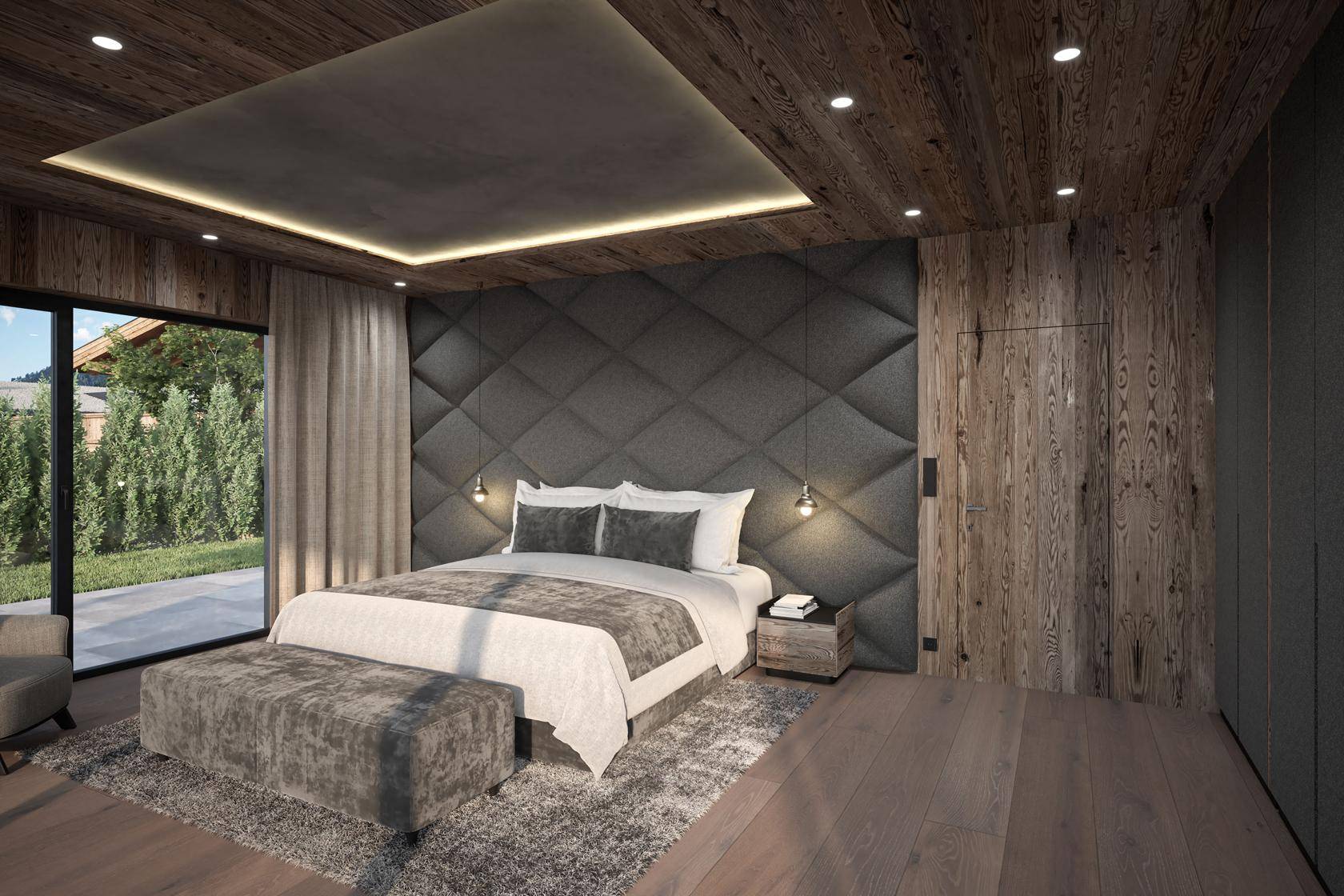 Modernes Schlafzimmer mit Holzwänden, gepolstertem Kopfteil und Zugang zu einem Außenbereich.