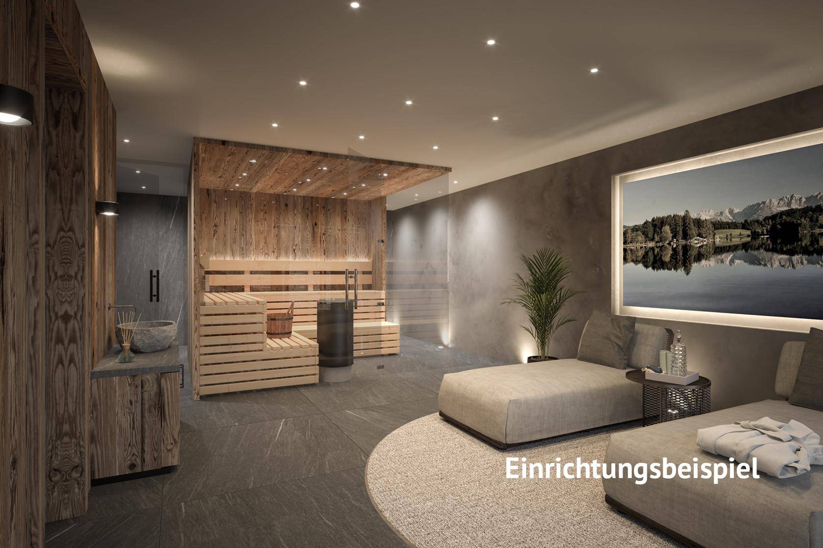 Moderner Wellnessbereich mit Sauna, Ruheliegen und stilvoller Beleuchtung.