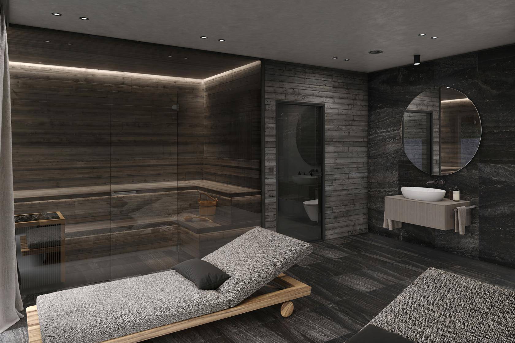 Exklusiver Wellnessbereich mit Sauna, Liegen und modernem Badezimmer in dunklen Naturtönen.