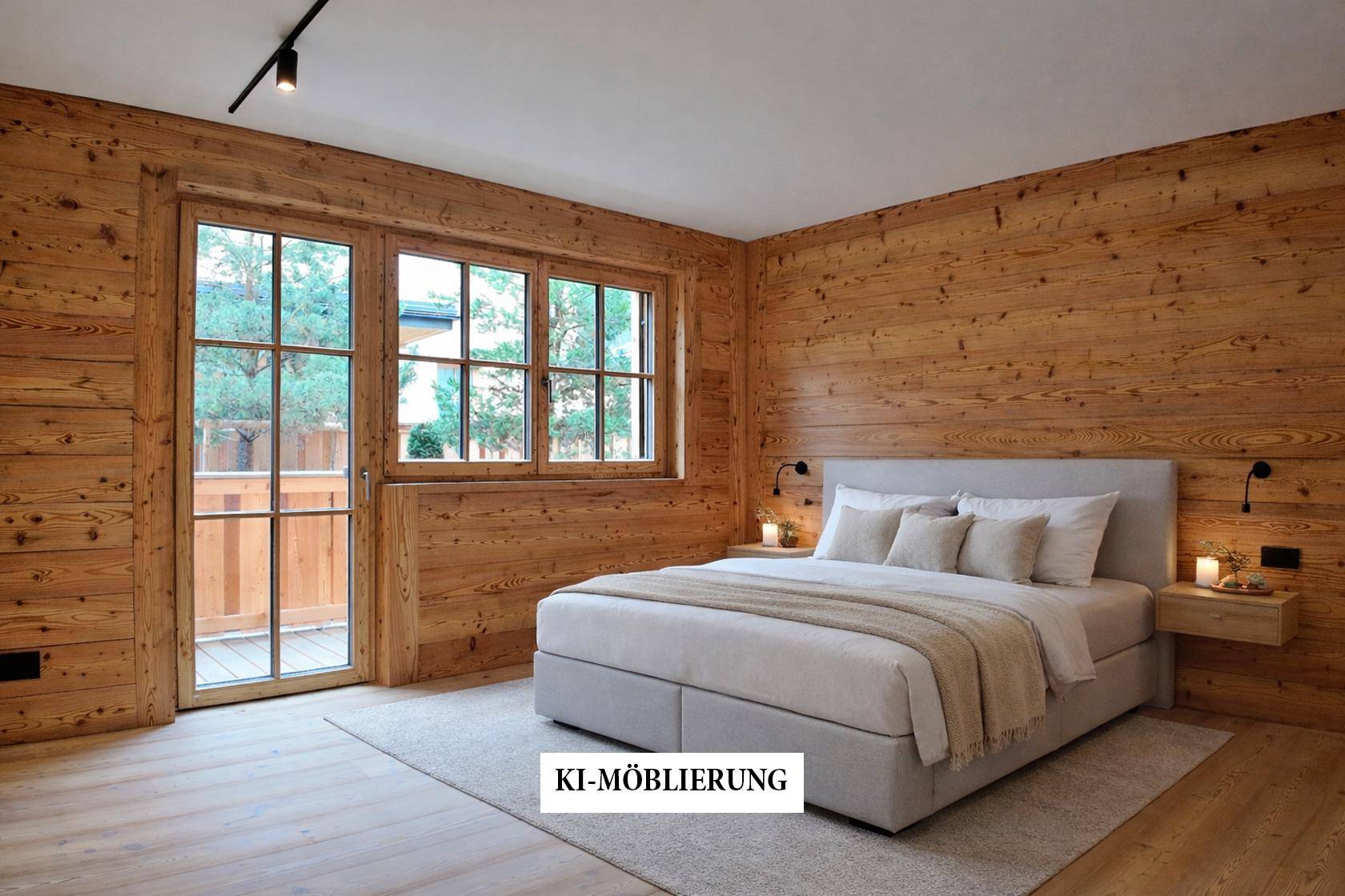 Helles Schlafzimmer mit Holzelementen und Zugang zu einem Außenbereich, ausgestattet mit einem komfortablen Bett.