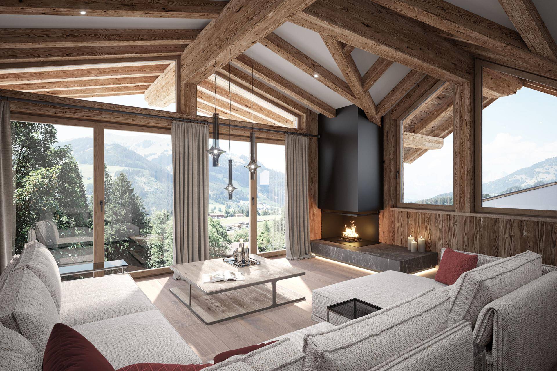 Gemütliches Wohnzimmer mit Holzbalkendecke, Kamin und raumhohen Fenstern mit Bergblick.