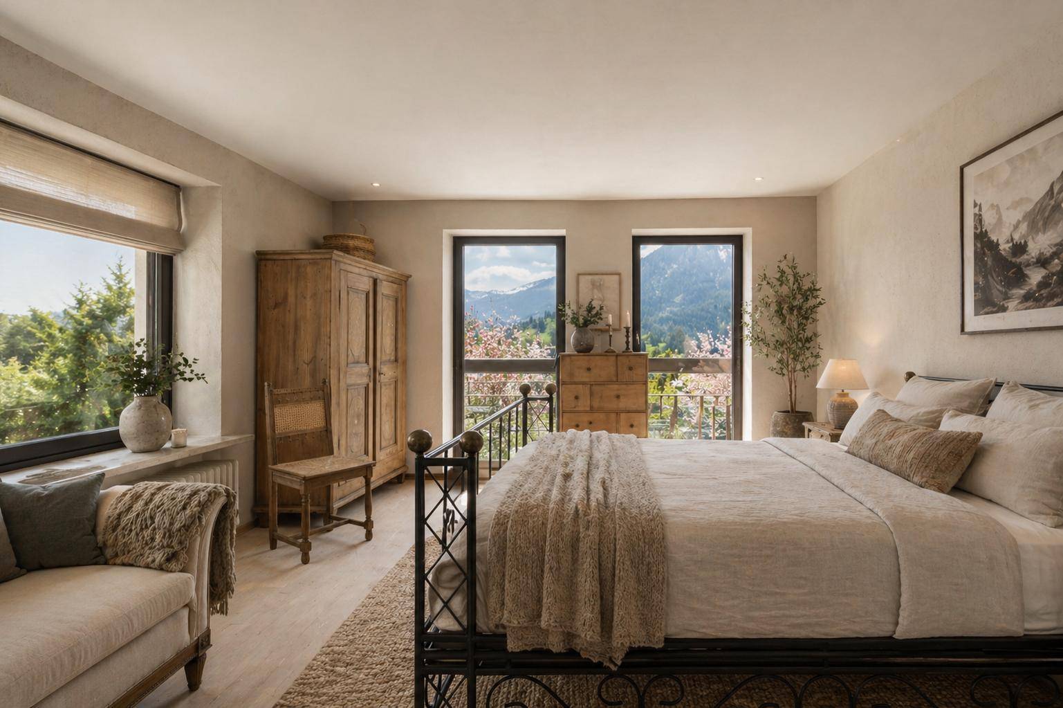 Helles Schlafzimmer mit schmiedeeisernem Bett, Holzboden und Fenstern mit Bergblick.