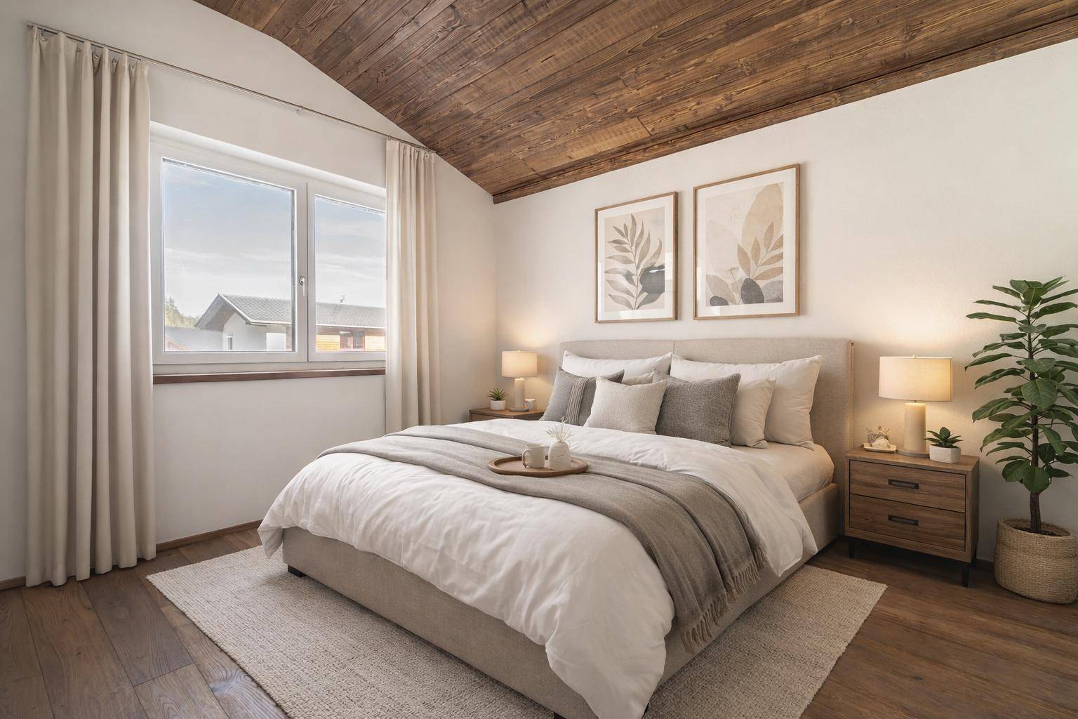 Helles Schlafzimmer mit Doppelbett, Holzboden und einer schrägen Holzdecke, durchflutet von Tageslicht.