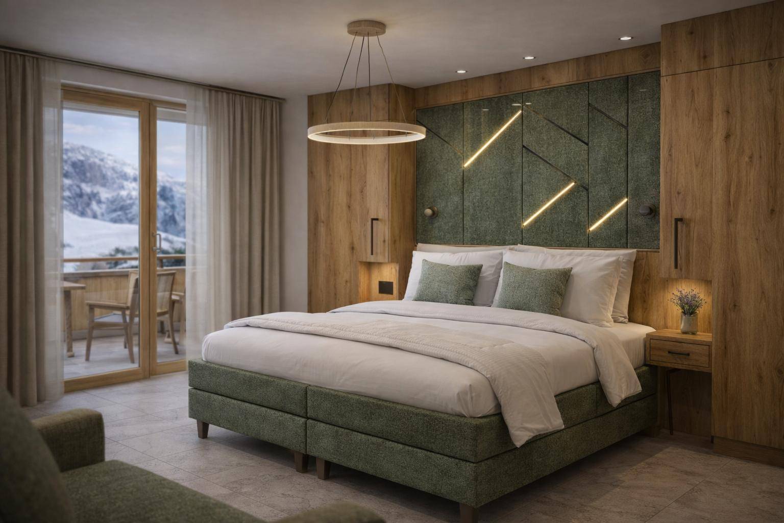 Gemütliches Schlafzimmer mit großem Bett, Holzeinbauschränken und Balkonzugang mit Bergblick.