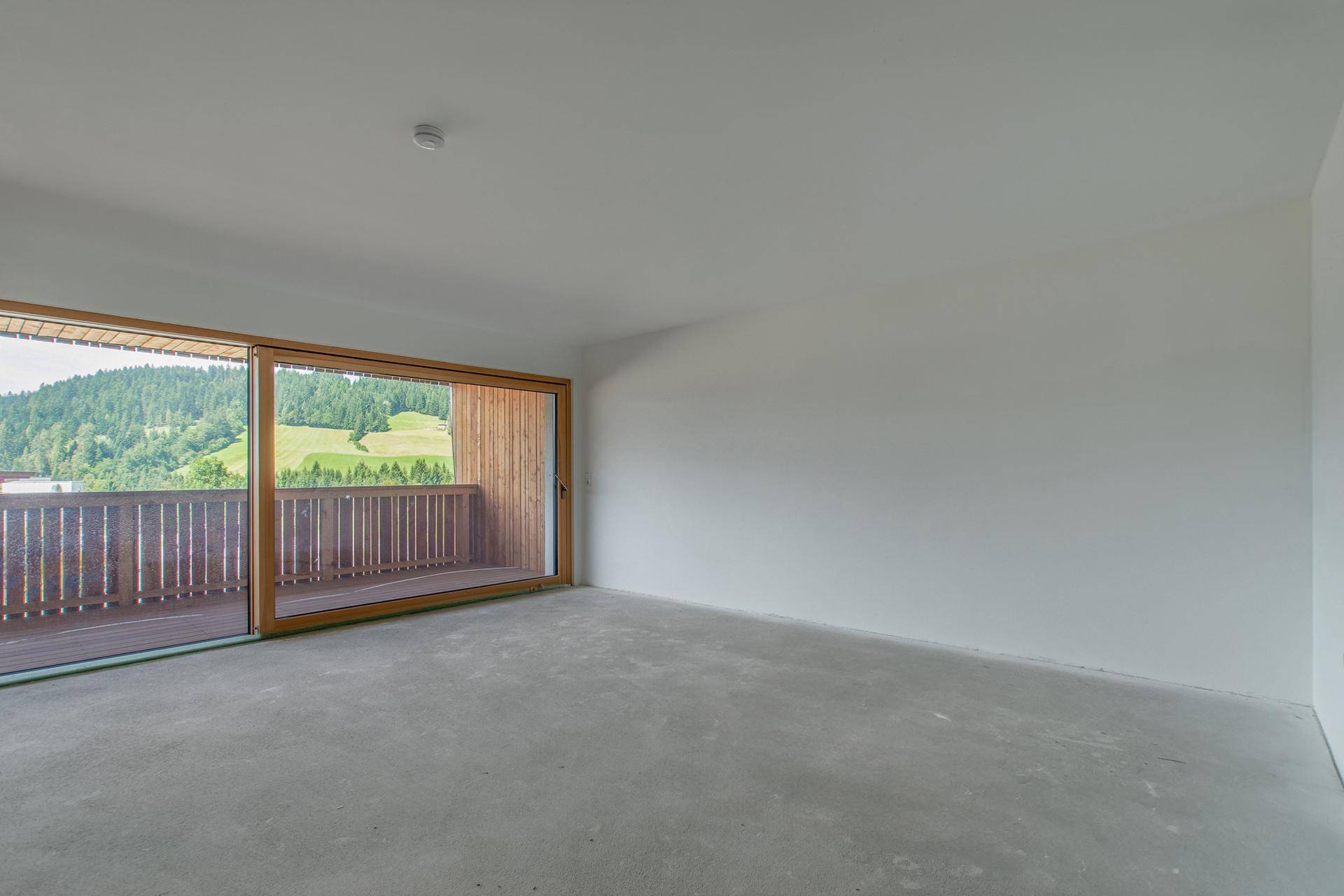 Heller, unmöblierter Raum mit großen Fenstern und Zugang zu einem Balkon mit grüner Aussicht.