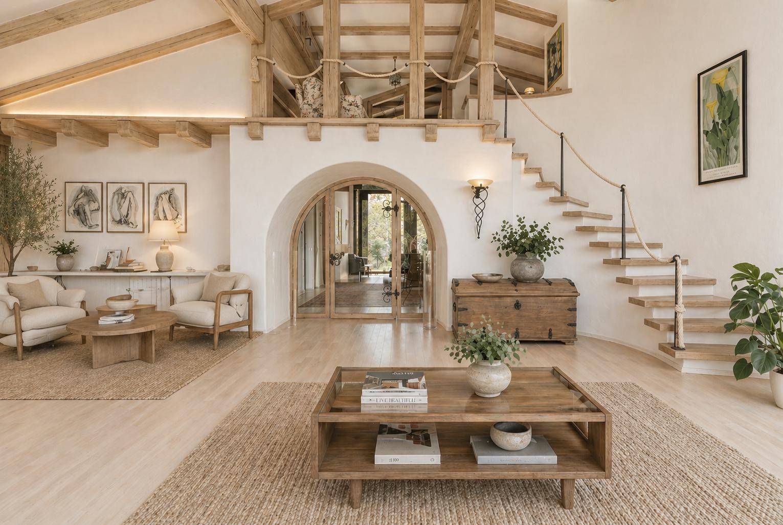 Gemütlicher Wohnbereich mit Holzbalken, Treppe zur Galerie und einem Bogenfenster zum Garten.