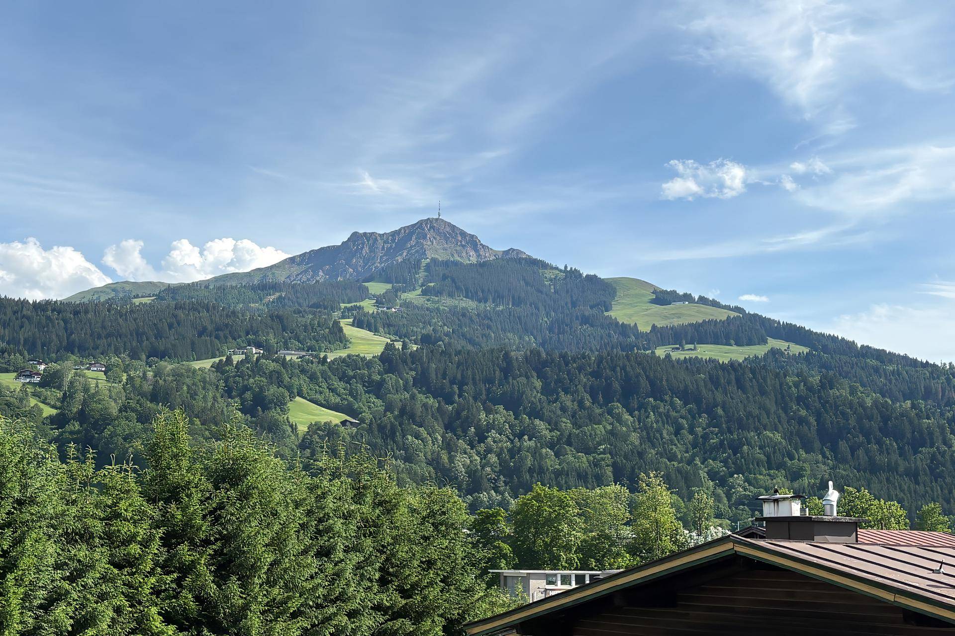 Malerischer Blick auf die bewaldeten Berge unter einem klaren blauen Himmel.
