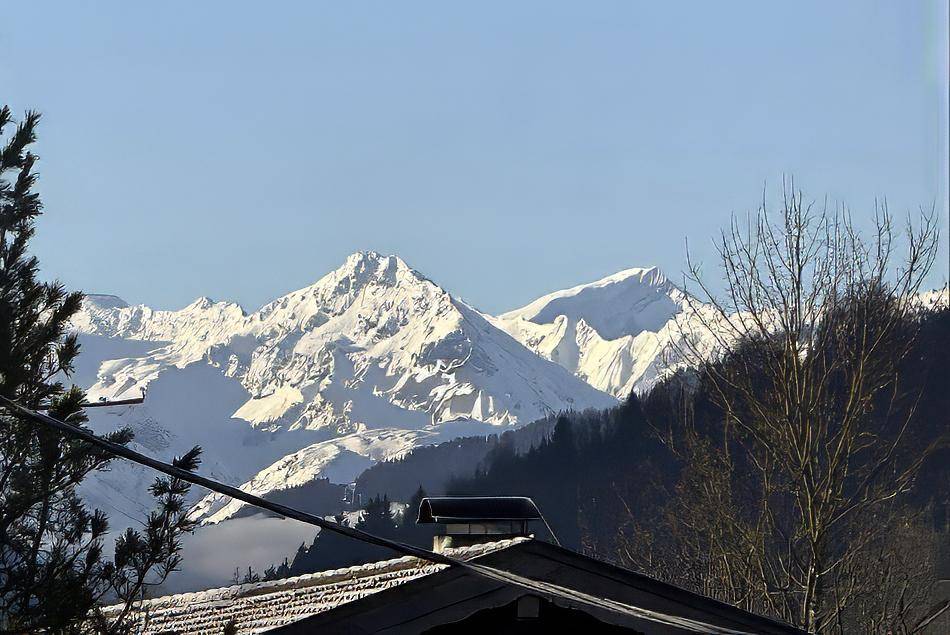 Atemberaubender Blick auf schneebedeckte Berggipfel über einem Hausdach an einem klaren Tag.