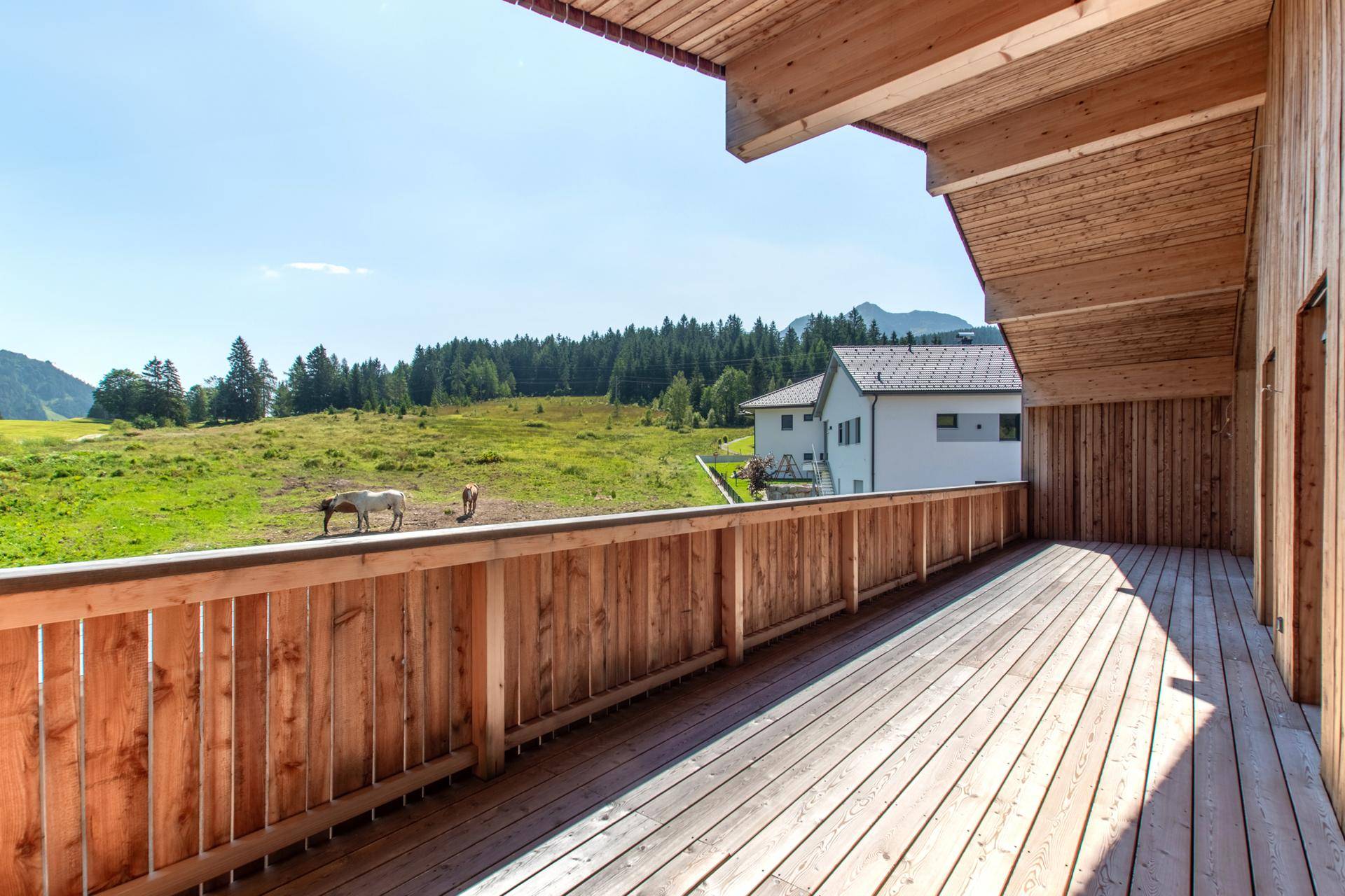 Geräumiger Holzbalkon mit Blick auf grüne Wiesen, Pferde und die umliegende Berglandschaft.