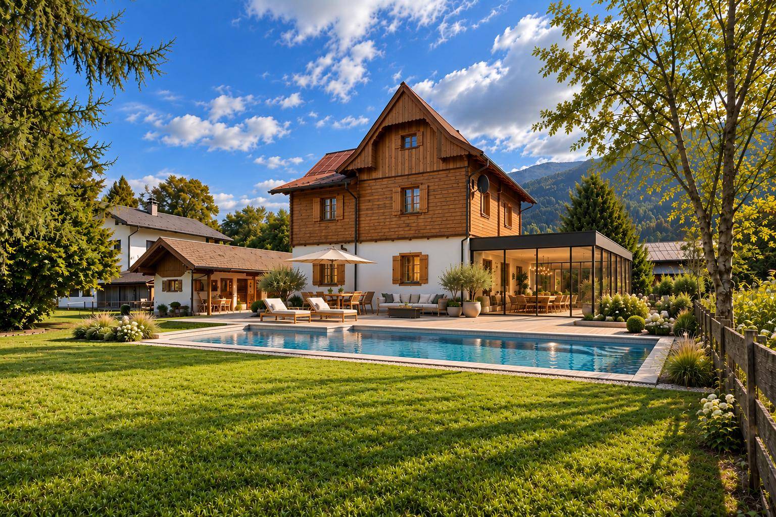 Traditionelles Holzhaus mit großem Pool, Sonnenterrasse und Bergblick im weitläufigen Garten.