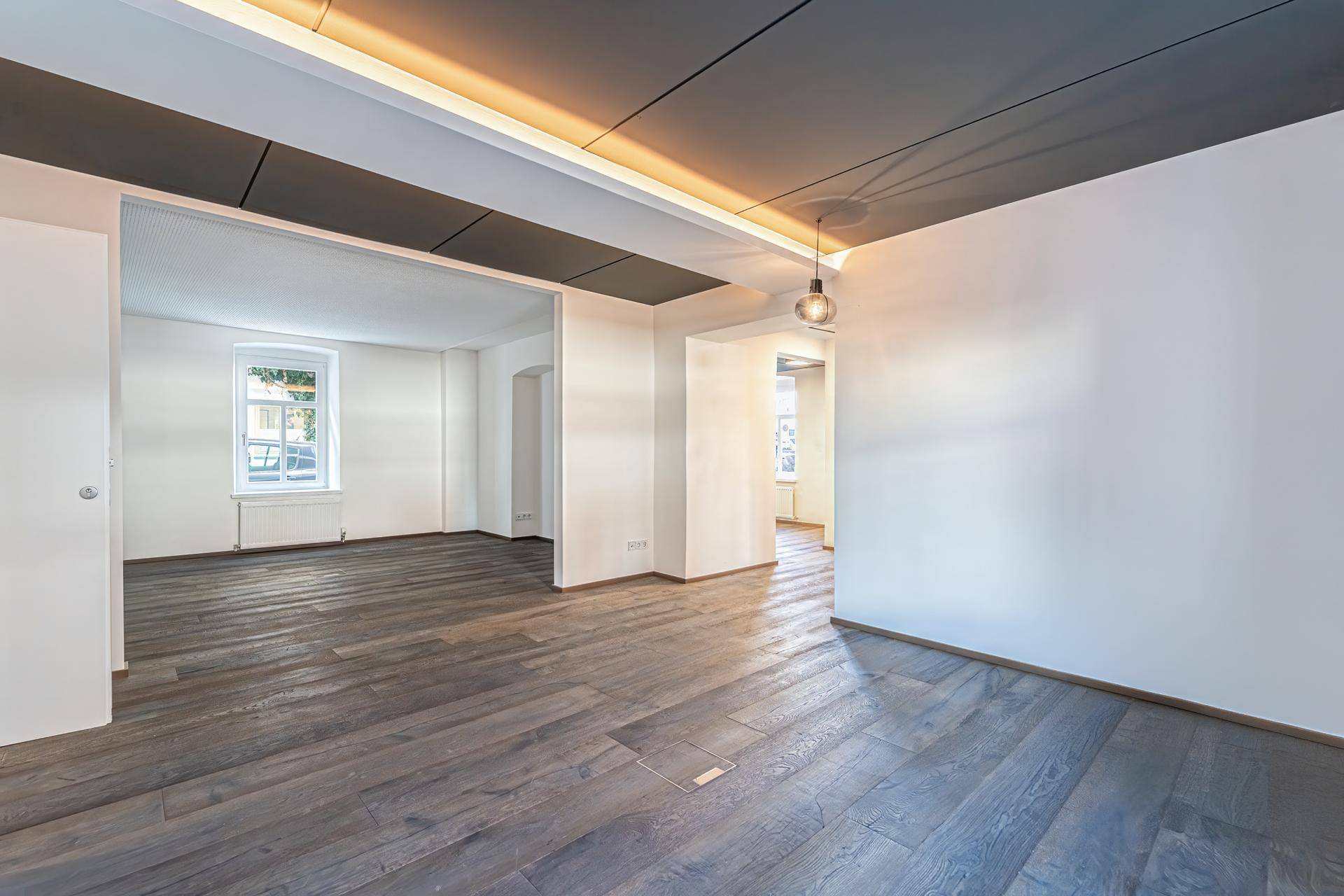 Großer, offener Wohnbereich mit dunklem Holzboden, weißen Wänden und moderner Deckenbeleuchtung.
